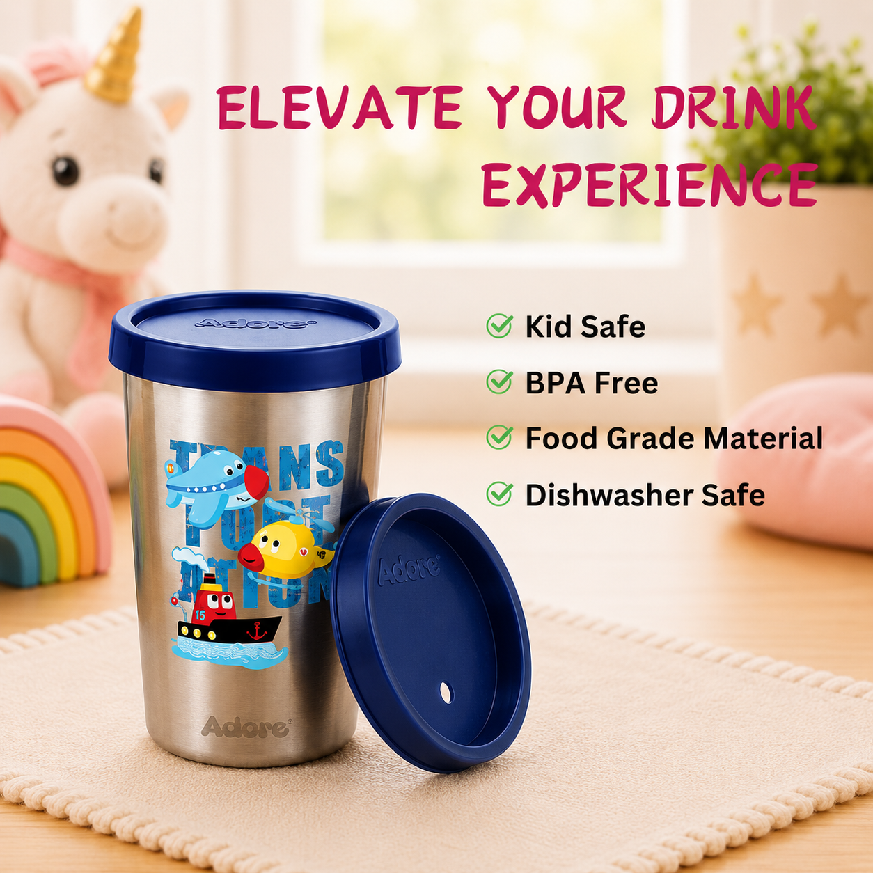 Adore Bliss Printed Stainless Steel Tumbler with Straw, Closed Lid, Straw Lid, Straw Brush- 300ml - Navy Blue