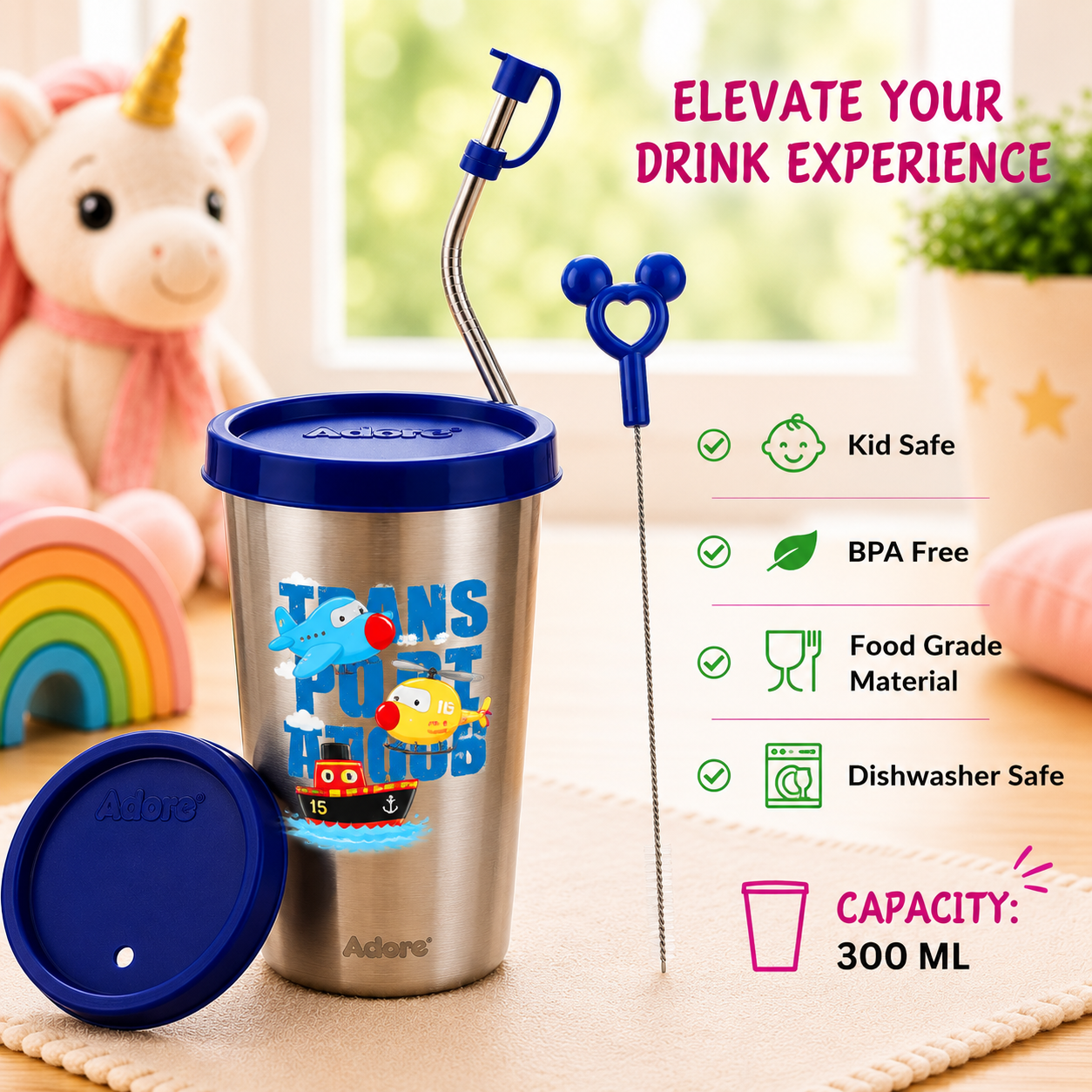 Adore Bliss Printed Stainless Steel Tumbler with Straw, Closed Lid, Straw Lid, Straw Brush- 300ml - Navy Blue