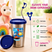 Adore Bliss Printed Stainless Steel Tumbler with Straw, Closed Lid, Straw Lid, Straw Brush- 300ml - Navy Blue