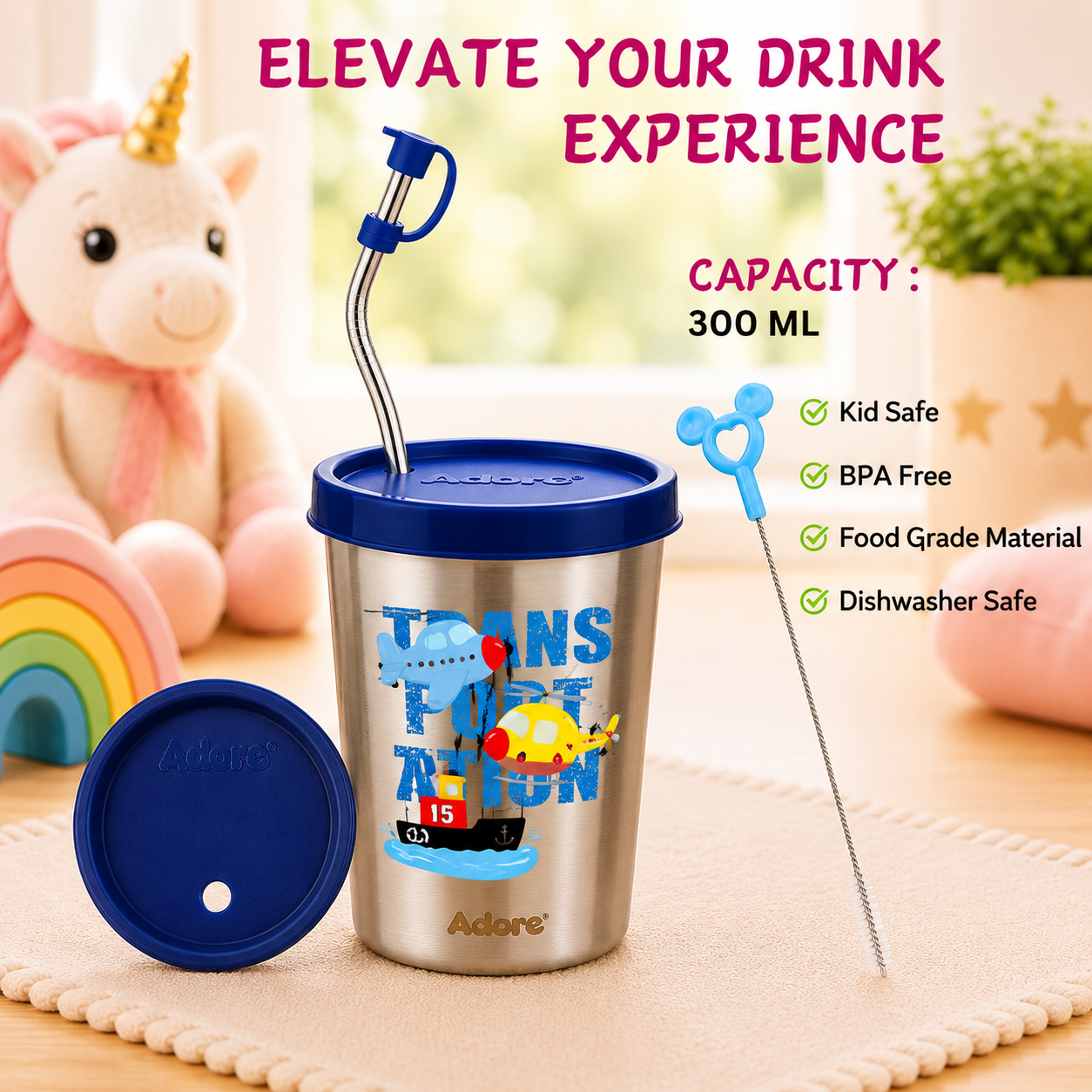 Adore Bliss Printed Stainless Steel Tumbler with Straw, Closed Lid, Straw Lid, Straw Brush- 300ml - Navy Blue