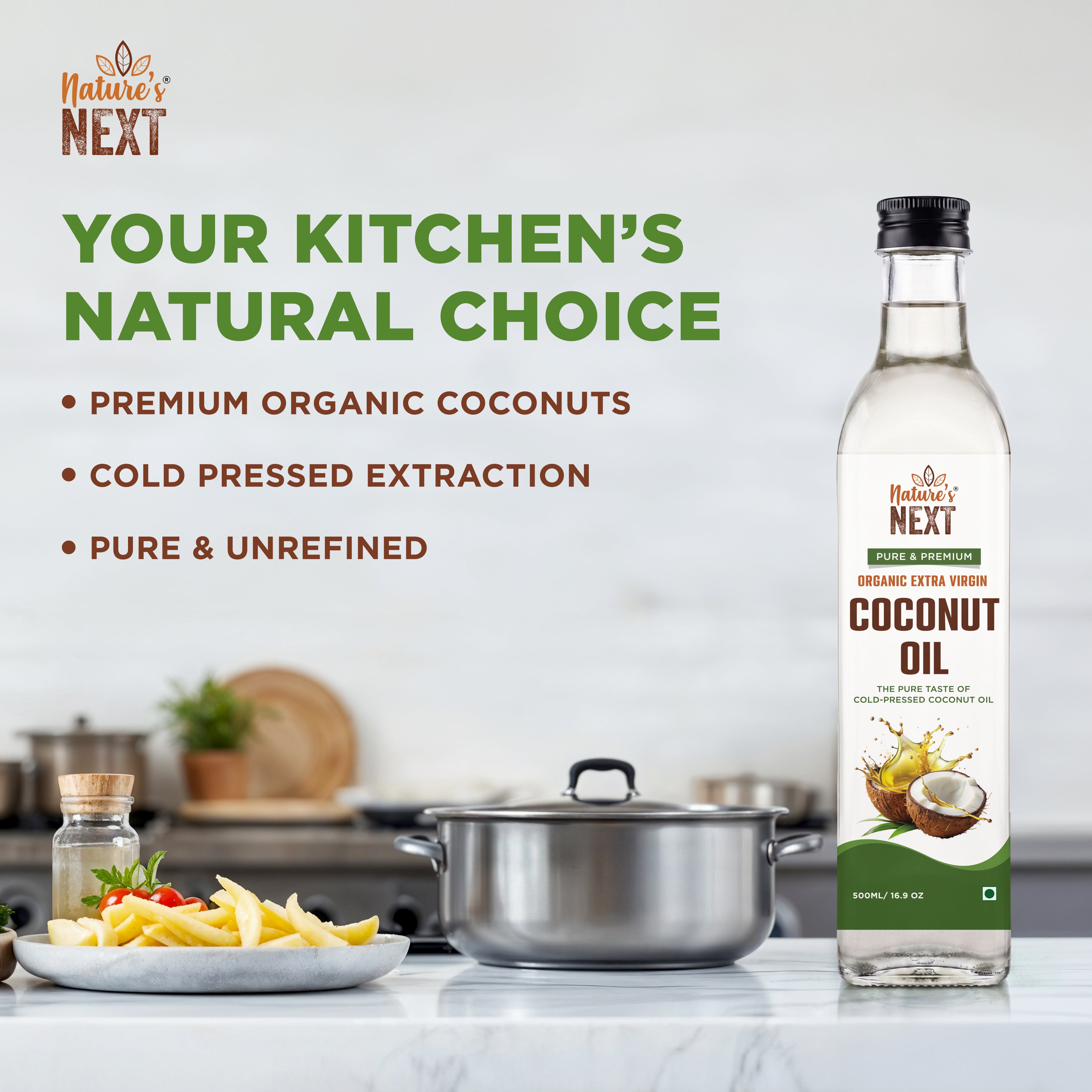 Nature’s Next Pure & Premium Organic Extra Virgin Cold Pressed Coconut Oil- Glass Bottle 500ml