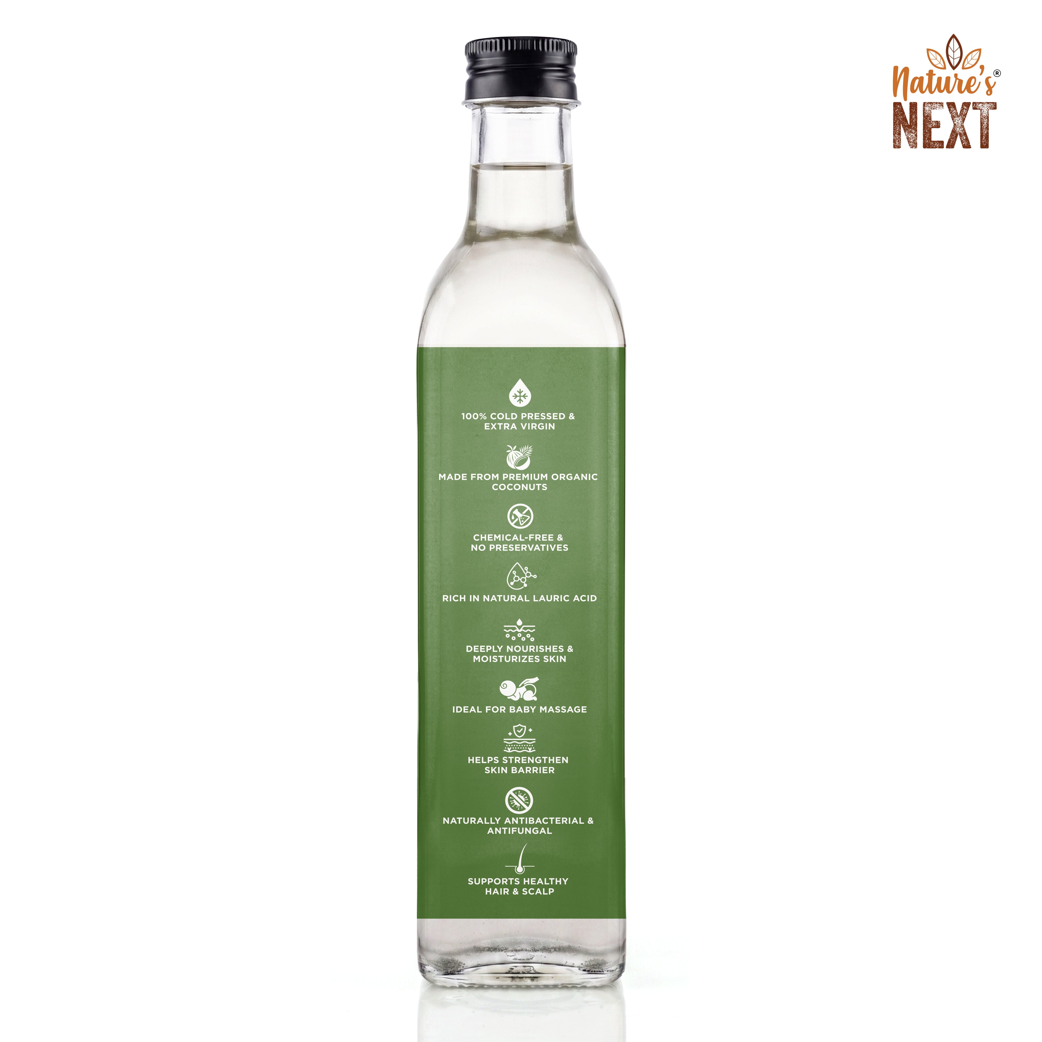 Nature’s Next Pure & Premium Organic Extra Virgin Cold Pressed Coconut Oil- Glass Bottle 500ml
