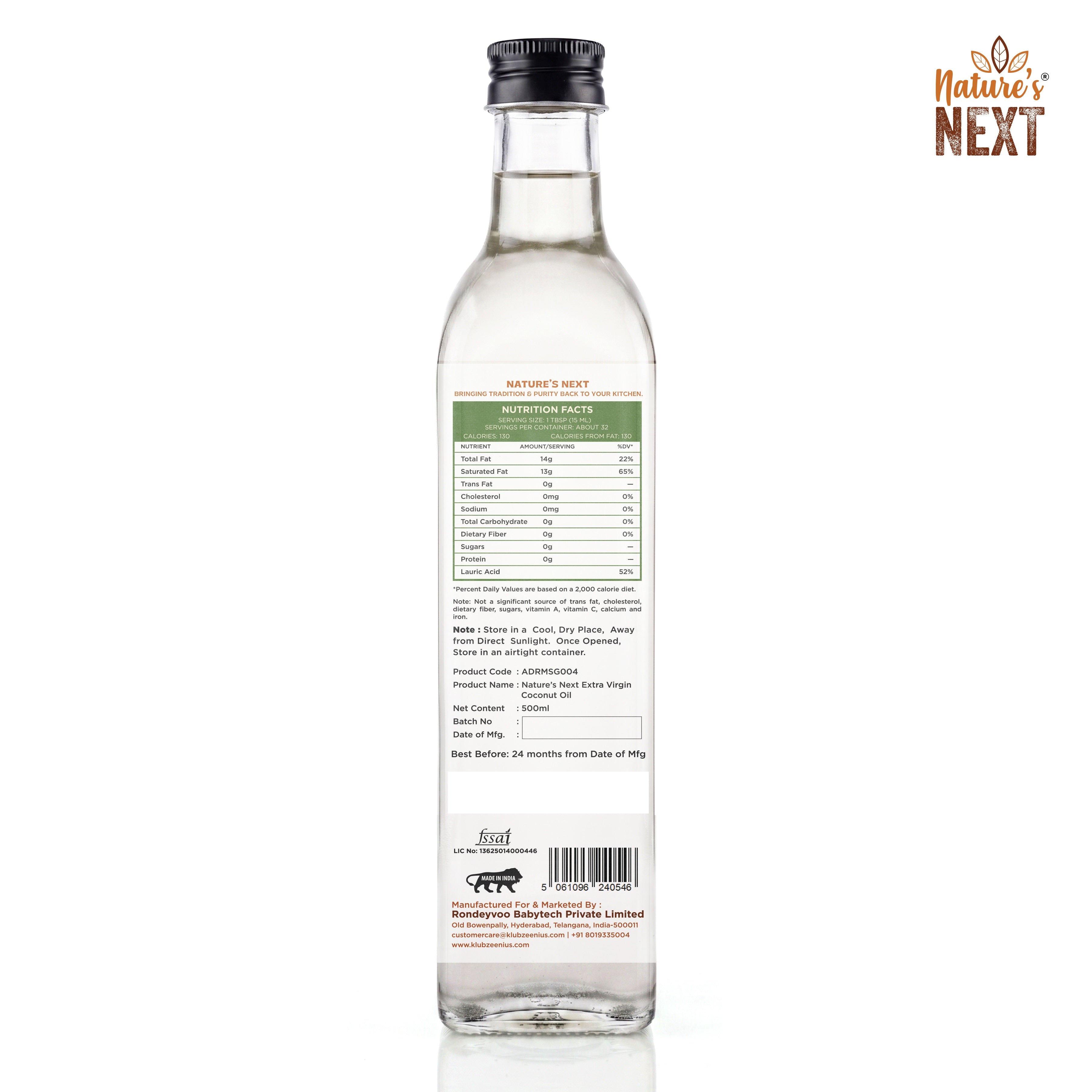 Nature’s Next Pure & Premium Organic Extra Virgin Cold Pressed Coconut Oil- Glass Bottle 500ml