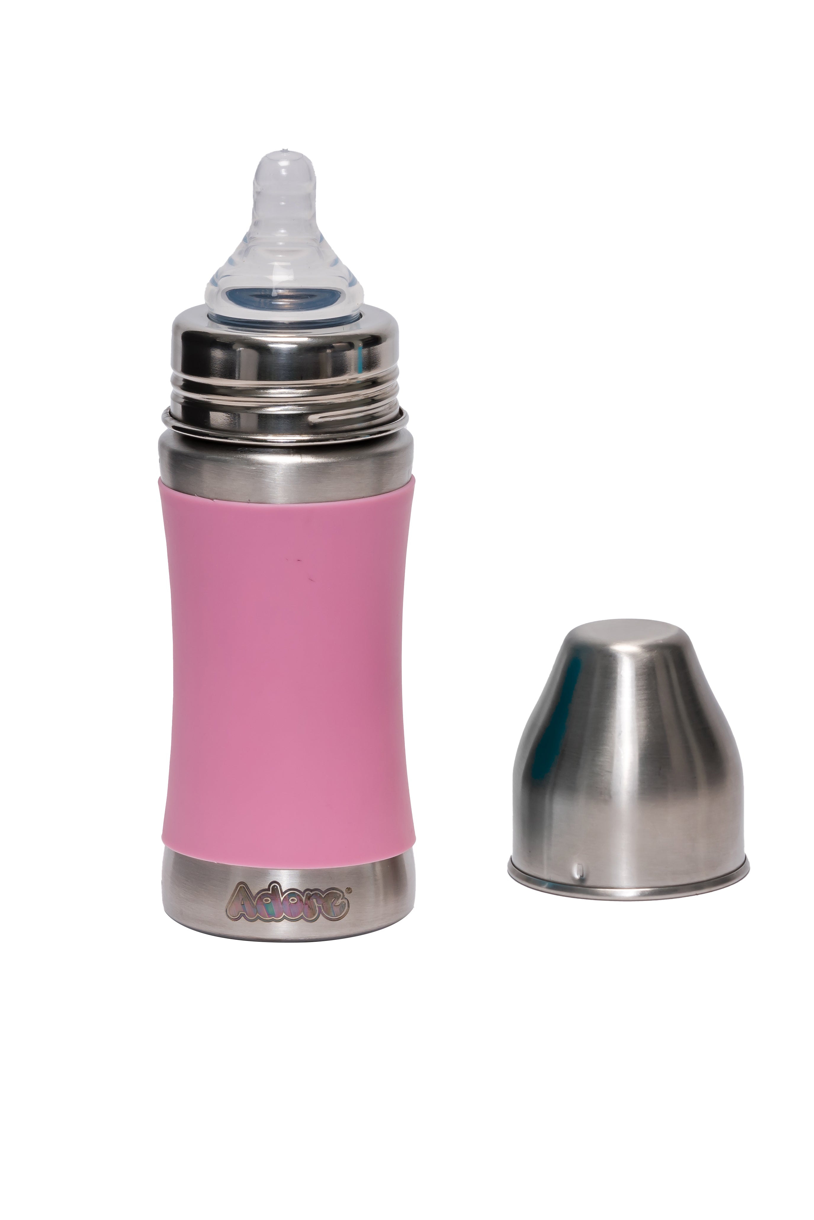 Adore Koh Stainless Steel Wide Neck Feeding Bottle with Silicon Sleeve- 250ml Pink