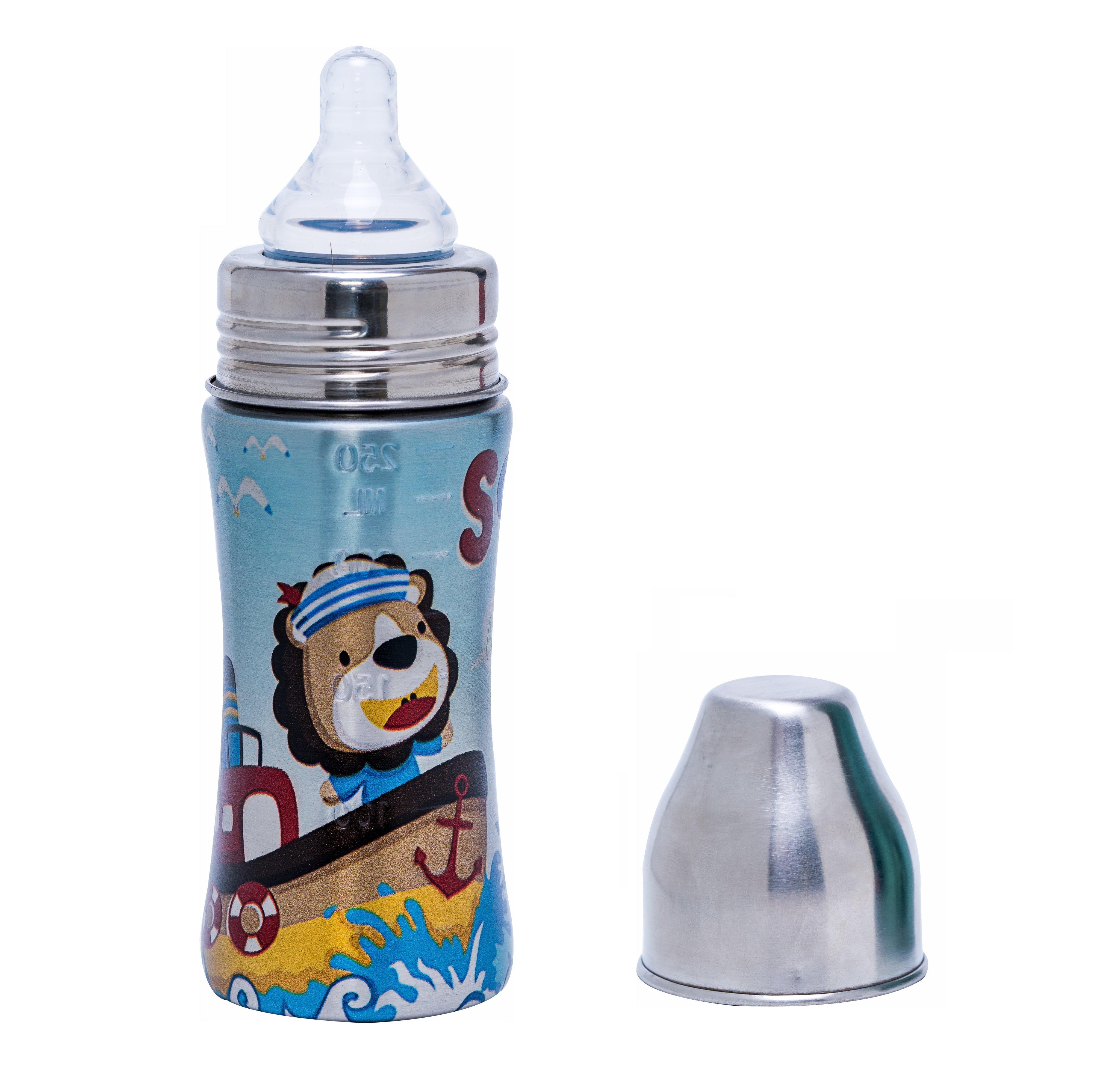 Adore Alpha 3 in 1 Printed Wideneck Stainless Steel Feeding Bottle- 250ml - Sailor