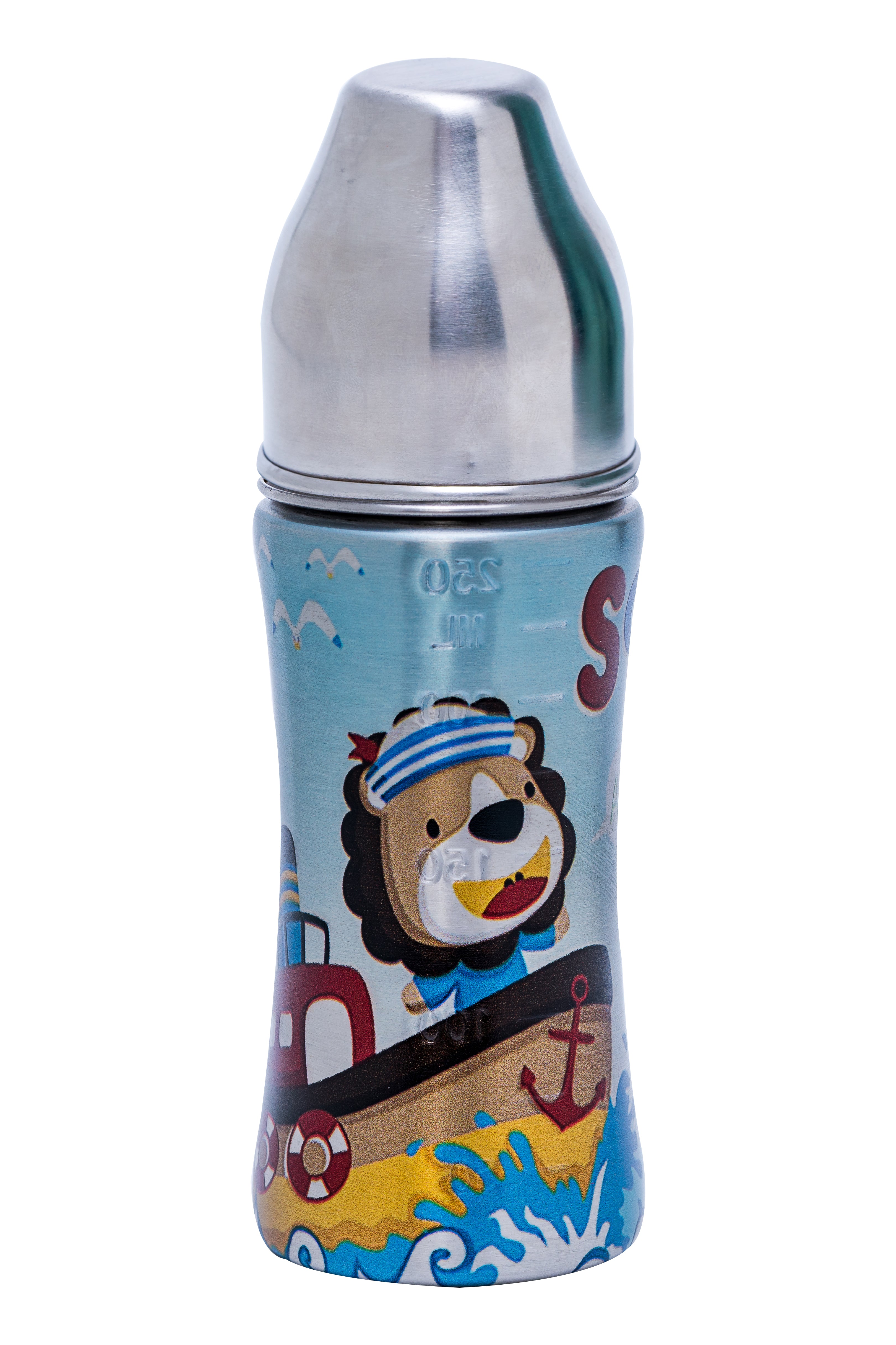 Adore Alpha 3 in 1 Printed Wideneck Stainless Steel Feeding Bottle- 250ml - Sailor