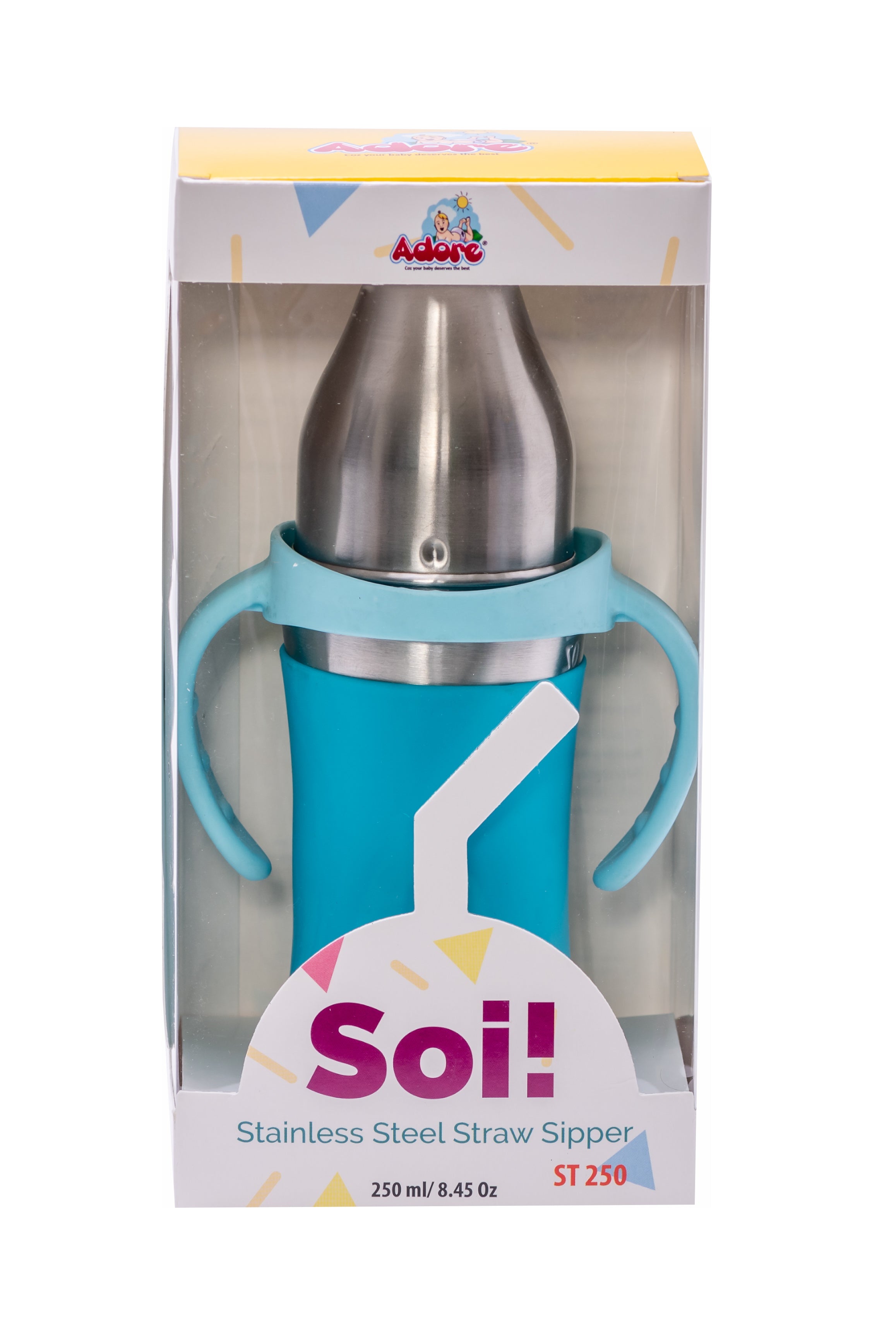 Adore Soi! The Wideneck Silicon Straw with Gravity Ball stainless steel sipper with Sleeve- 250ml Blue