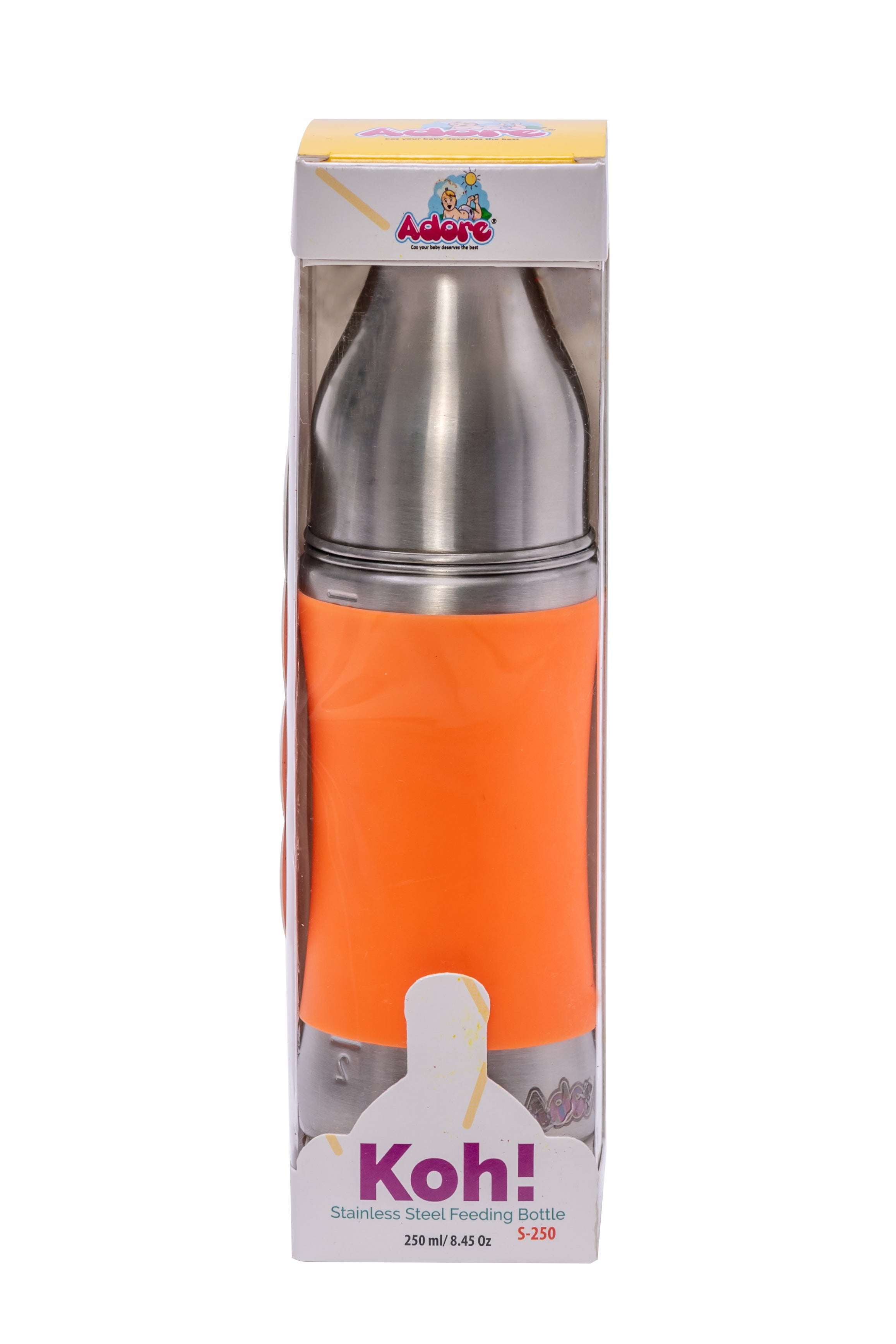 Adore Koh Stainless Steel Wide Neck Feeding Bottle with Silicon Sleeve- 250ml Orange