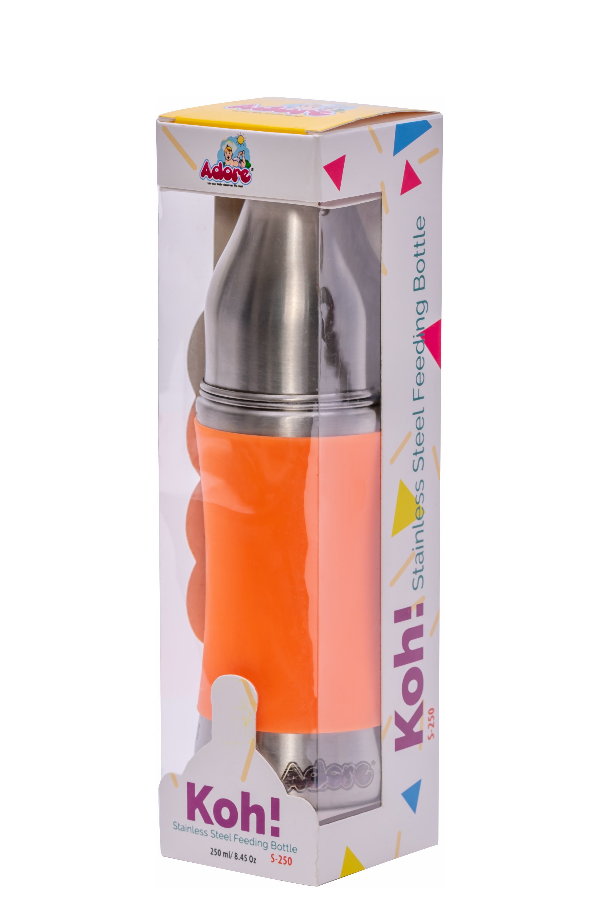 Adore Koh Stainless Steel Wide Neck Feeding Bottle with Silicon Sleeve- 250ml Orange