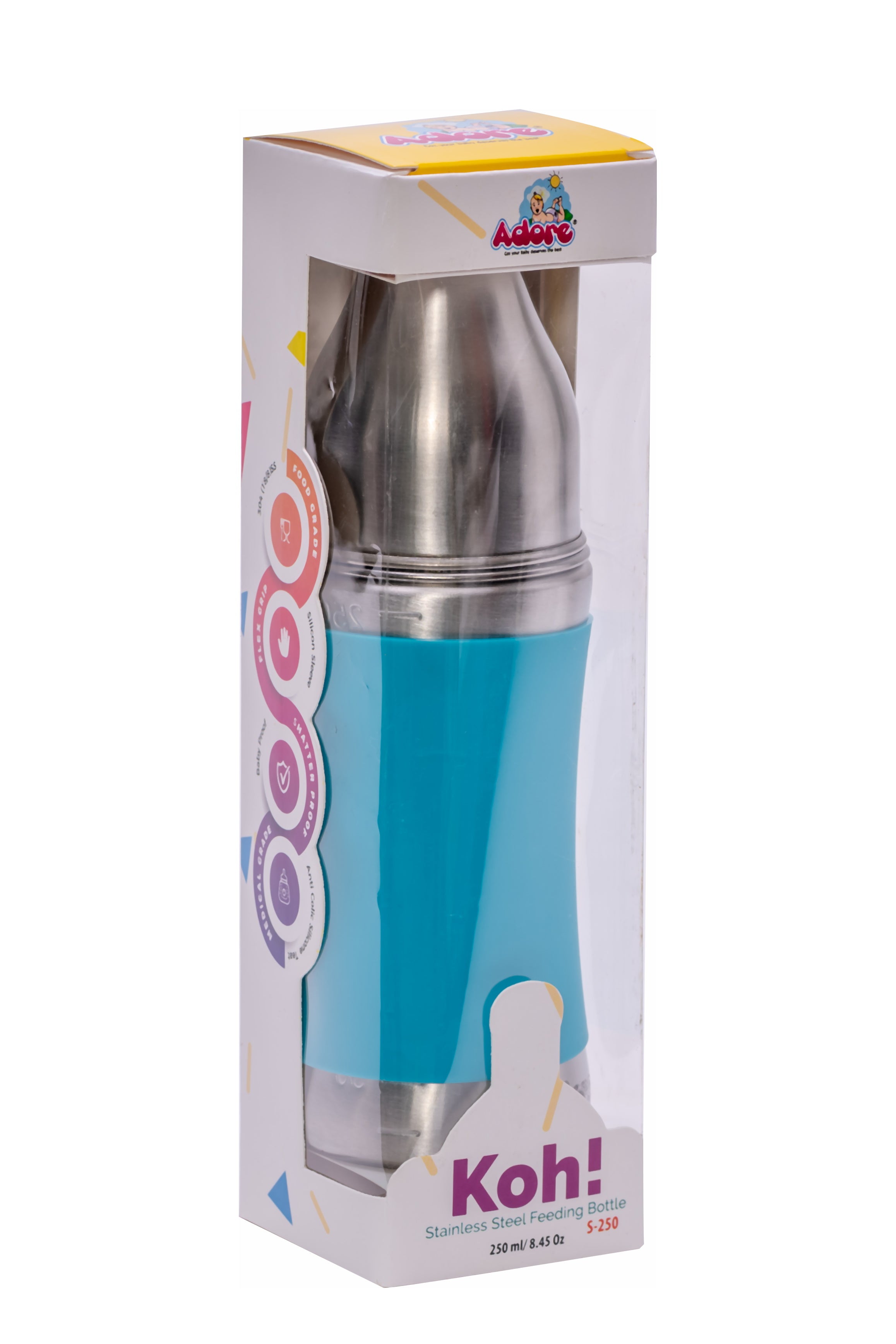 Adore Koh Stainless Steel Wide Neck Feeding Bottle with Silicon Sleeve- 250ml Blue