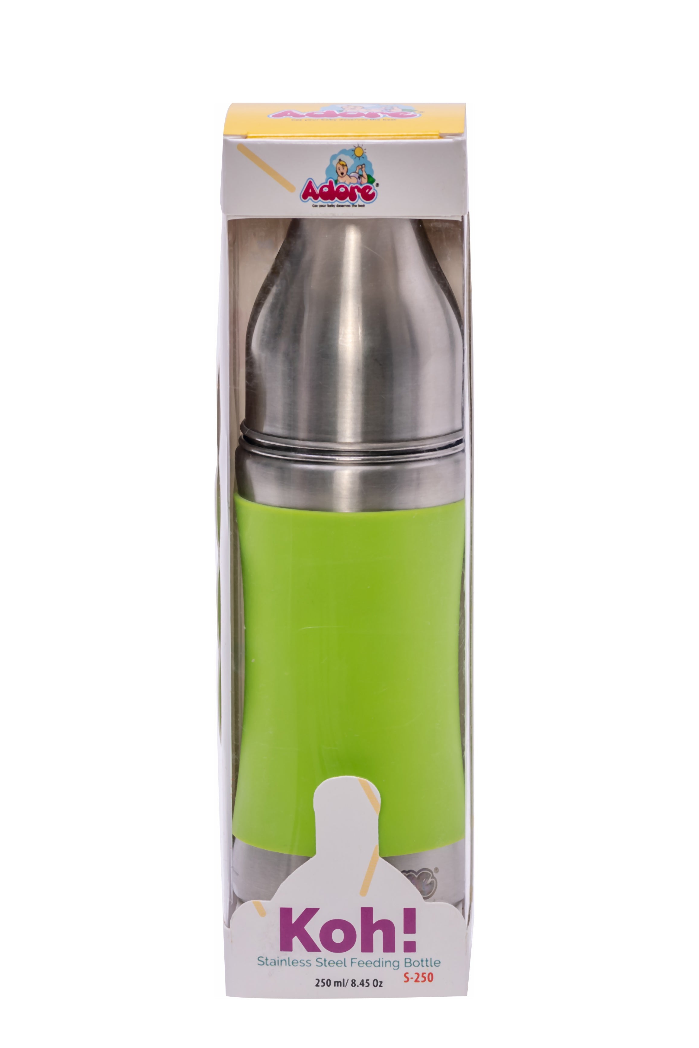 Adore Koh Stainless Steel Wide Neck Feeding Bottle with Silicon Sleeve- 250ml Green