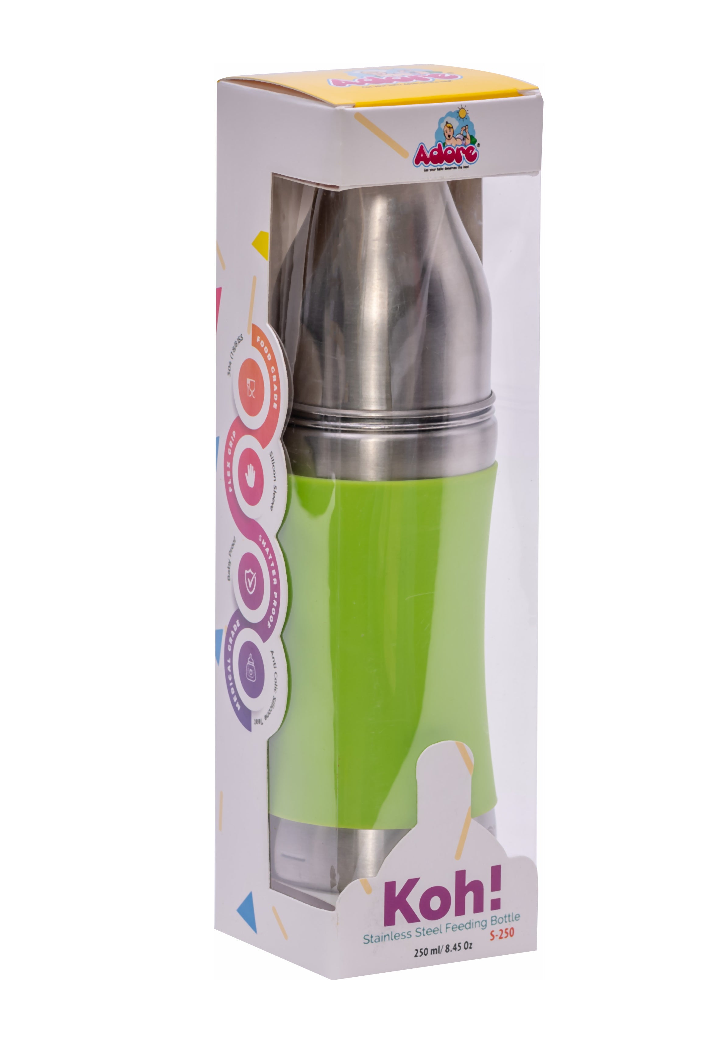 Adore Koh Stainless Steel Wide Neck Feeding Bottle with Silicon Sleeve- 250ml Green