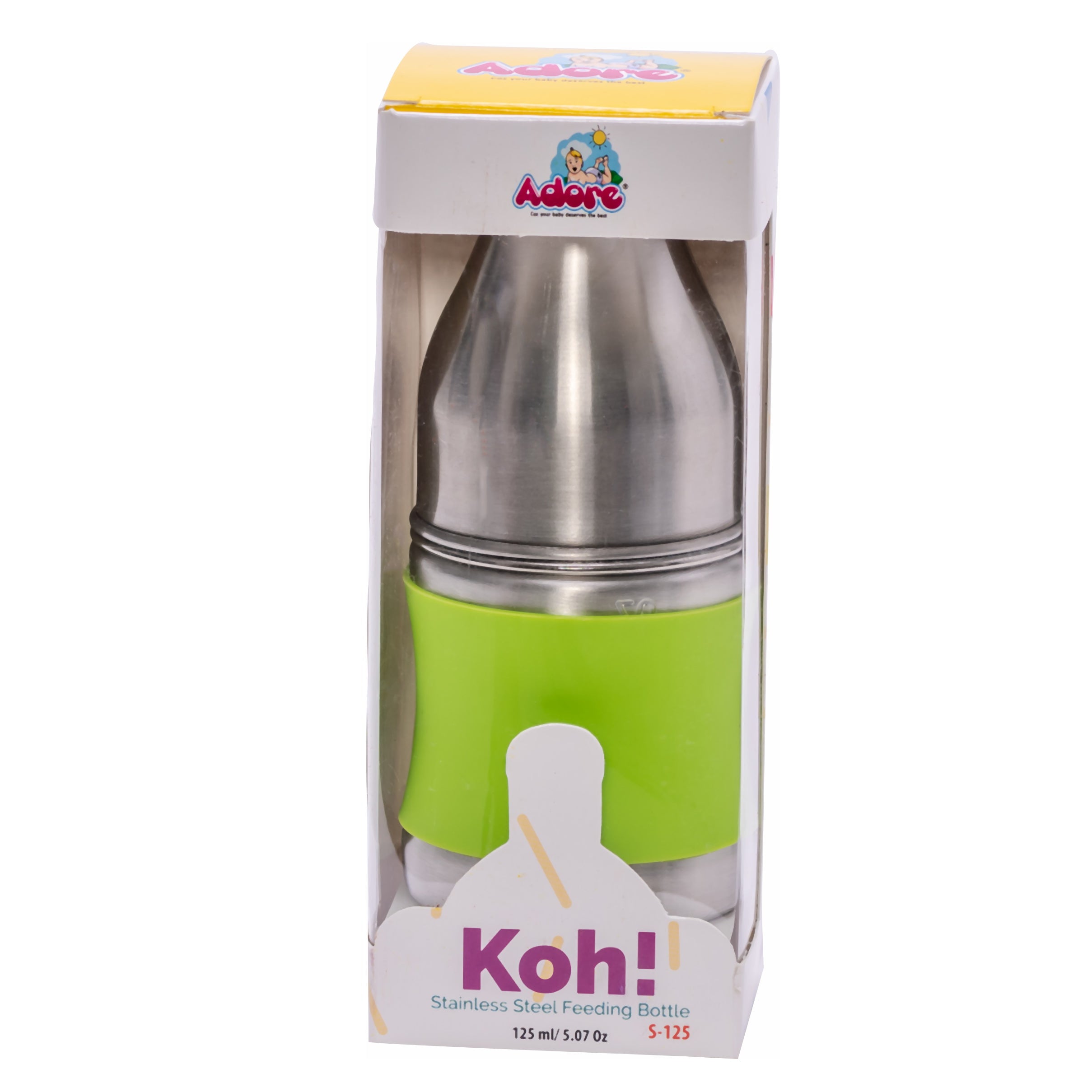 Adore Koh Stainless Steel Wide Neck Feeding Bottle with Silicon Sleeve - 150ml Green