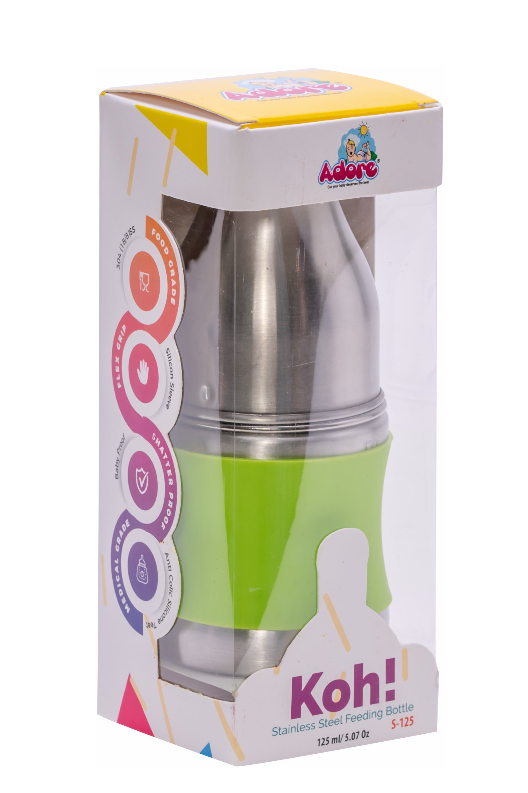 Adore Koh Stainless Steel Wide Neck Feeding Bottle with Silicon Sleeve - 150ml Green