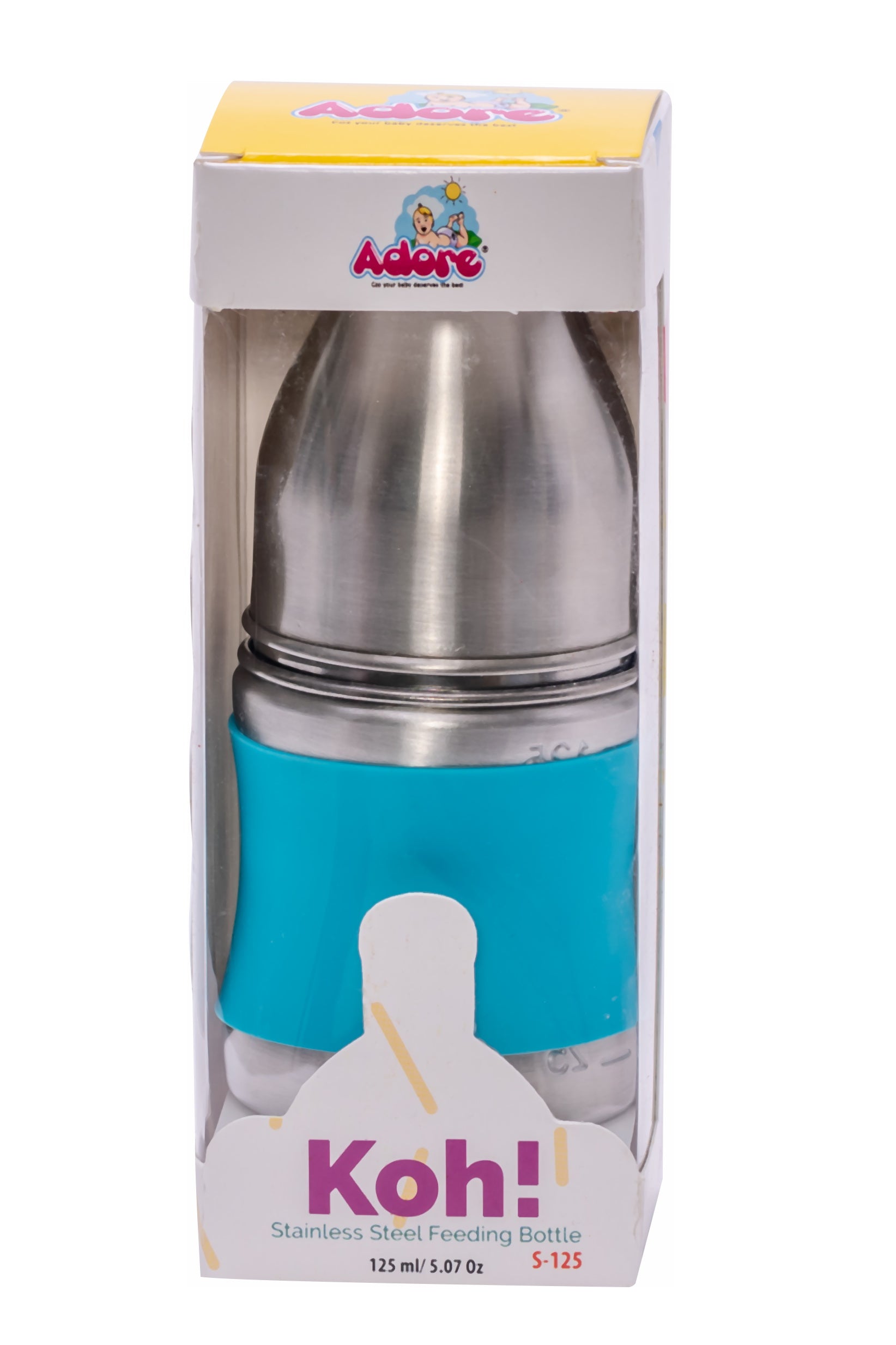 Adore Koh Stainless Steel Wide Neck Feeding Bottle with Silicon Sleeve - 150ml Blue
