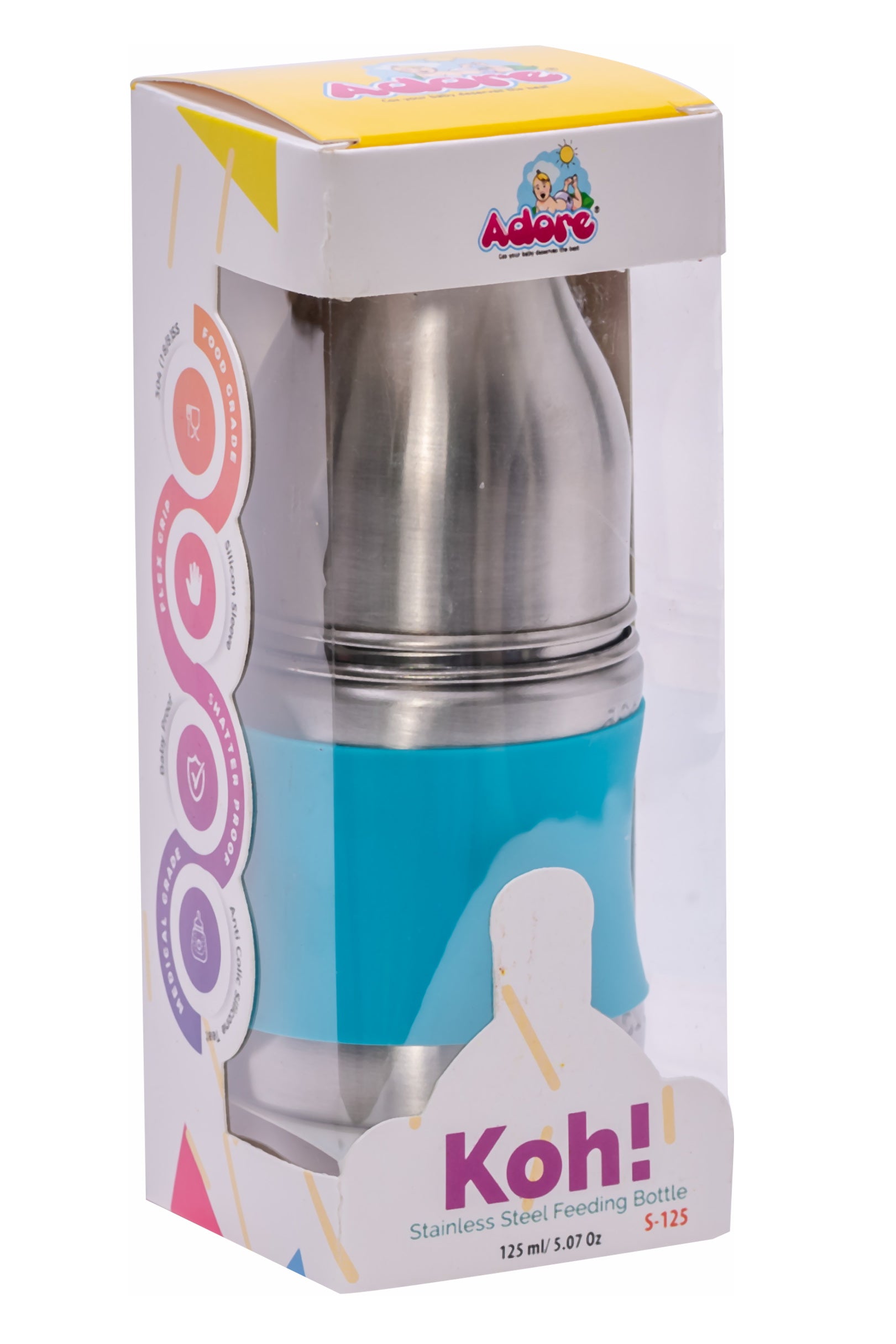 Adore Koh Stainless Steel Wide Neck Feeding Bottle with Silicon Sleeve - 150ml Blue