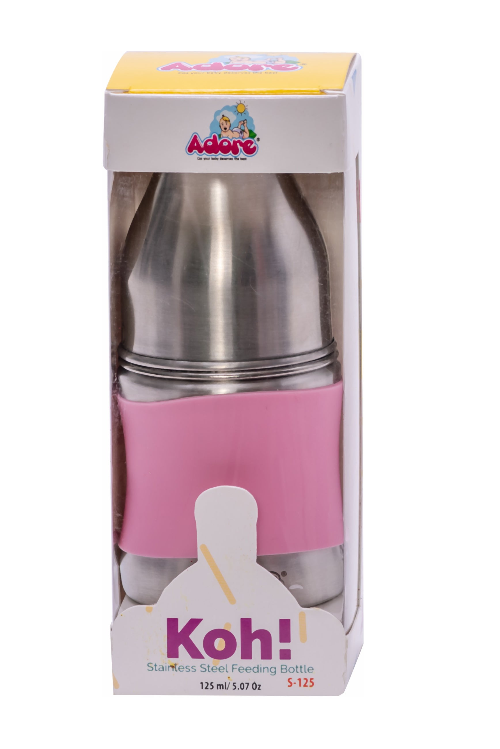 Adore Koh Stainless Steel Wide Neck Feeding Bottle with Silicon Sleeve - 150ml Pink
