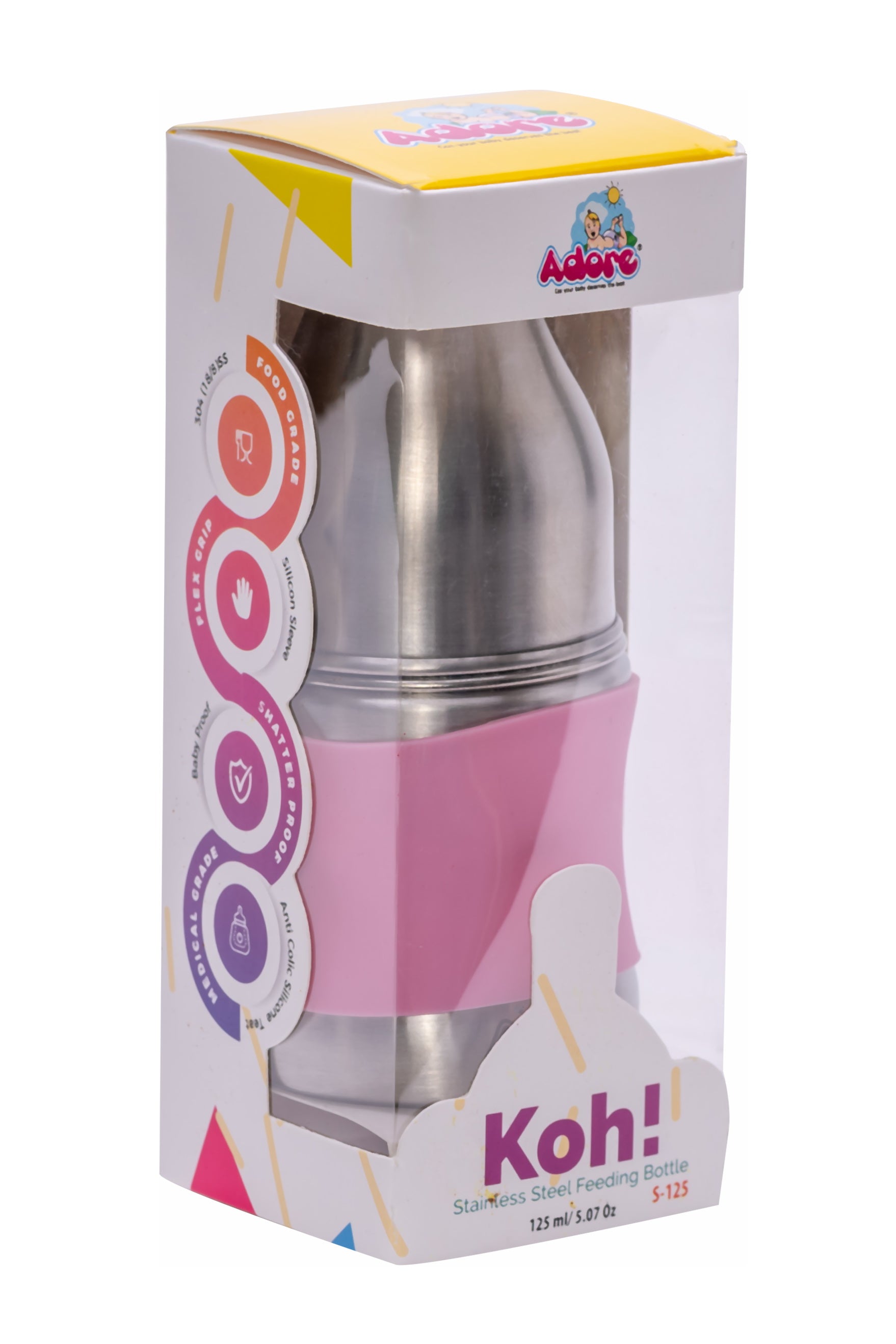 Adore Koh Stainless Steel Wide Neck Feeding Bottle with Silicon Sleeve - 150ml Pink