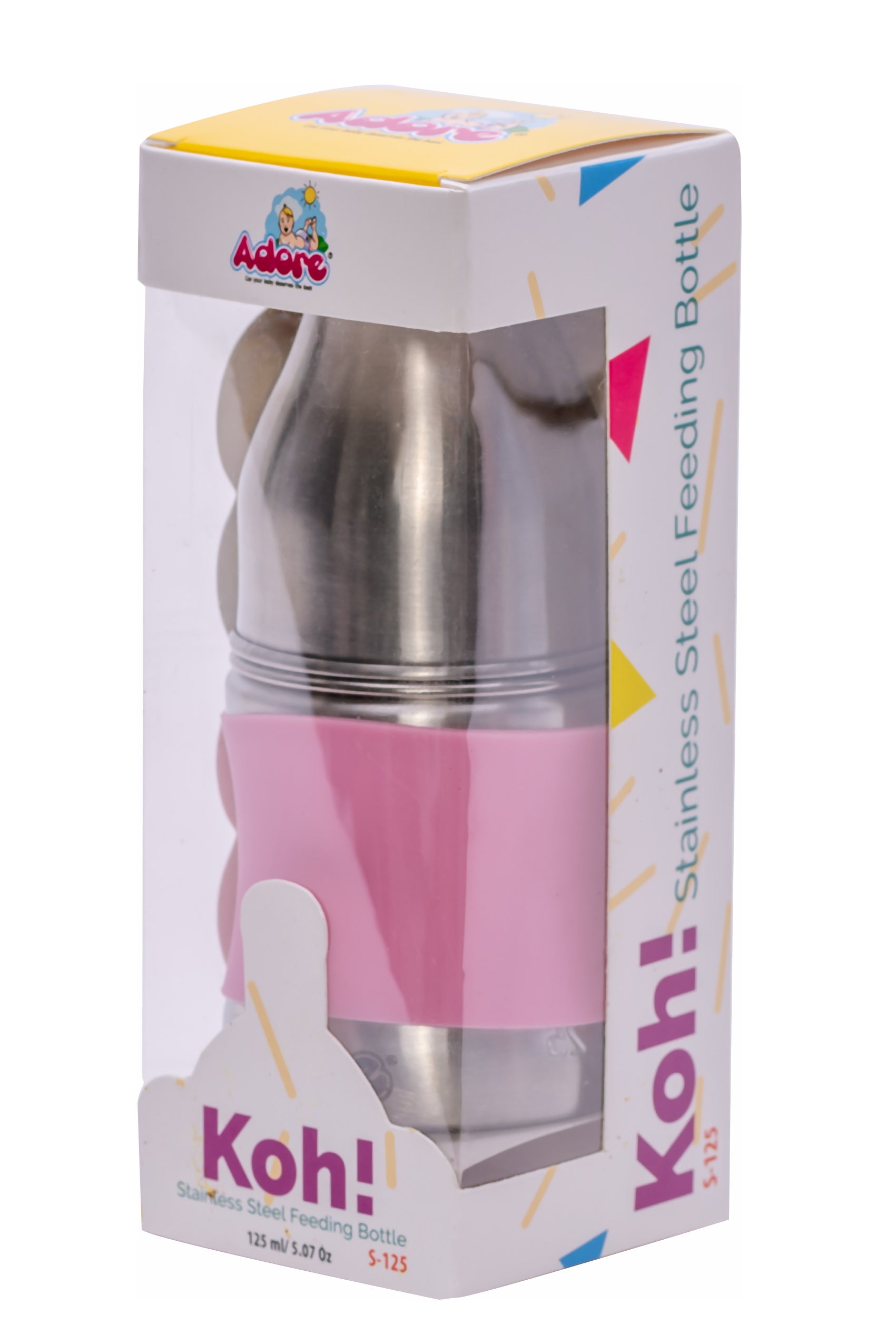 Adore Koh Stainless Steel Wide Neck Feeding Bottle with Silicon Sleeve - 150ml Pink