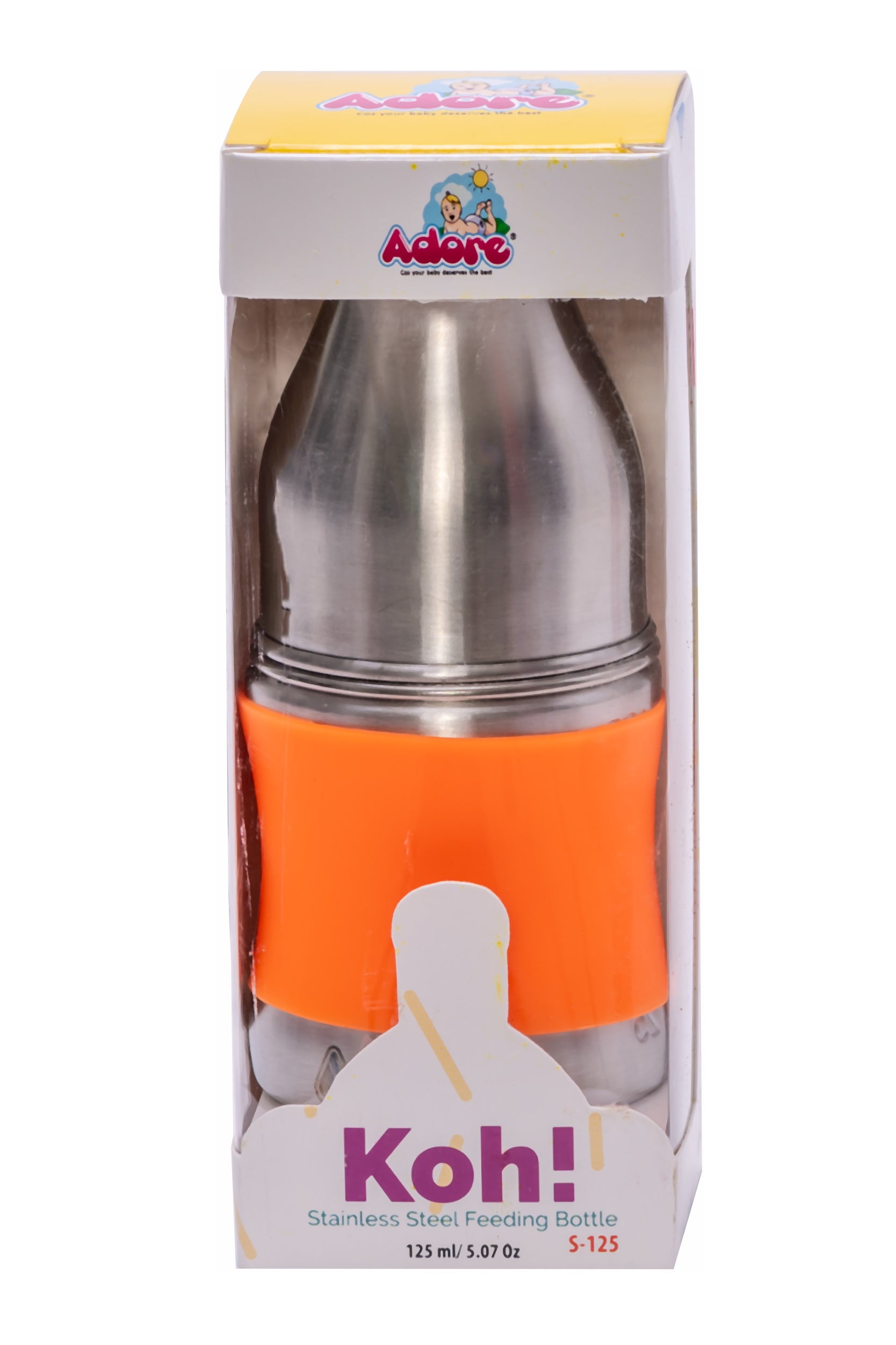 Adore Koh Stainless Steel Wide Neck Feeding Bottle with Silicon Sleeve - 150ml Orange