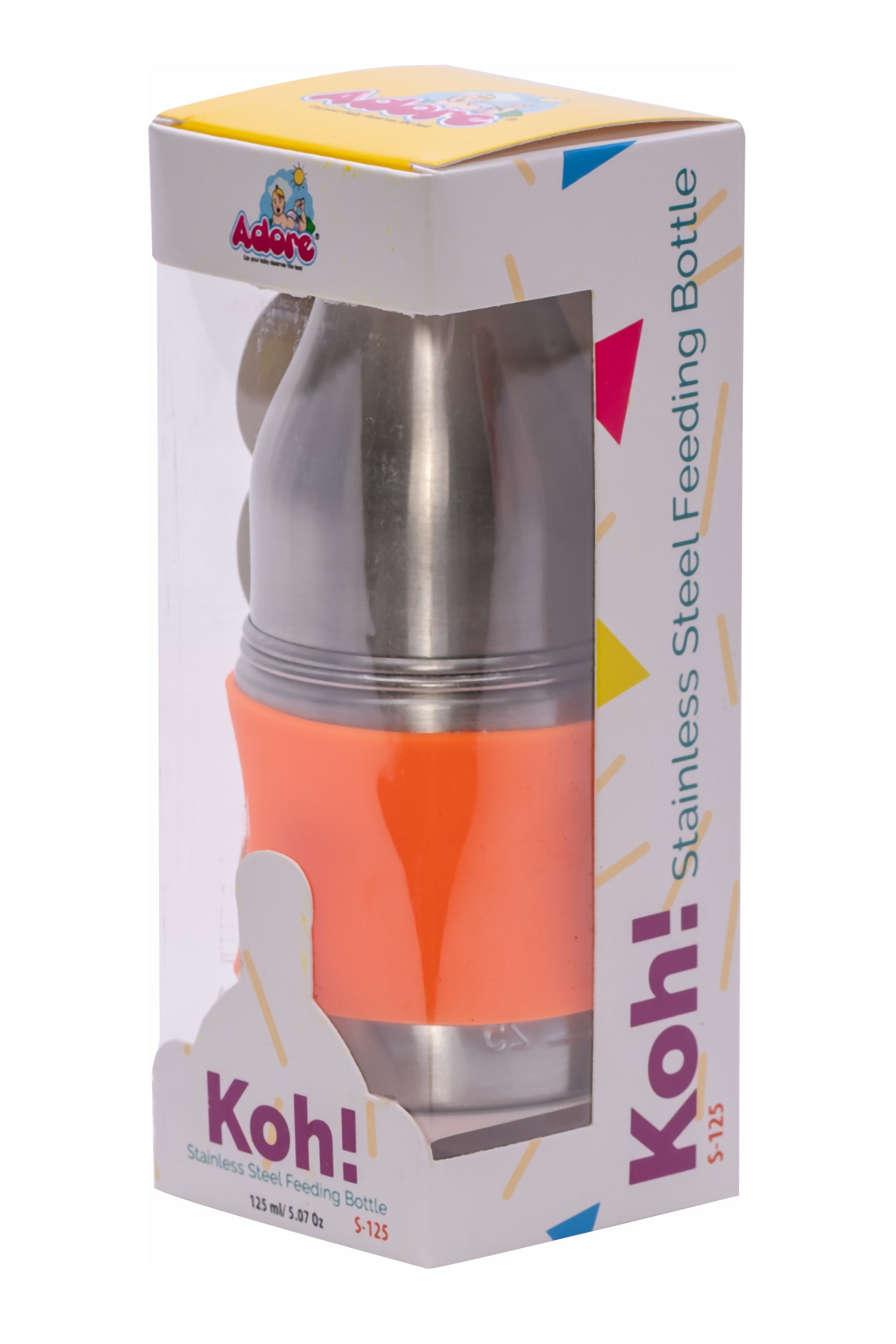 Adore Koh Stainless Steel Wide Neck Feeding Bottle with Silicon Sleeve - 150ml Orange