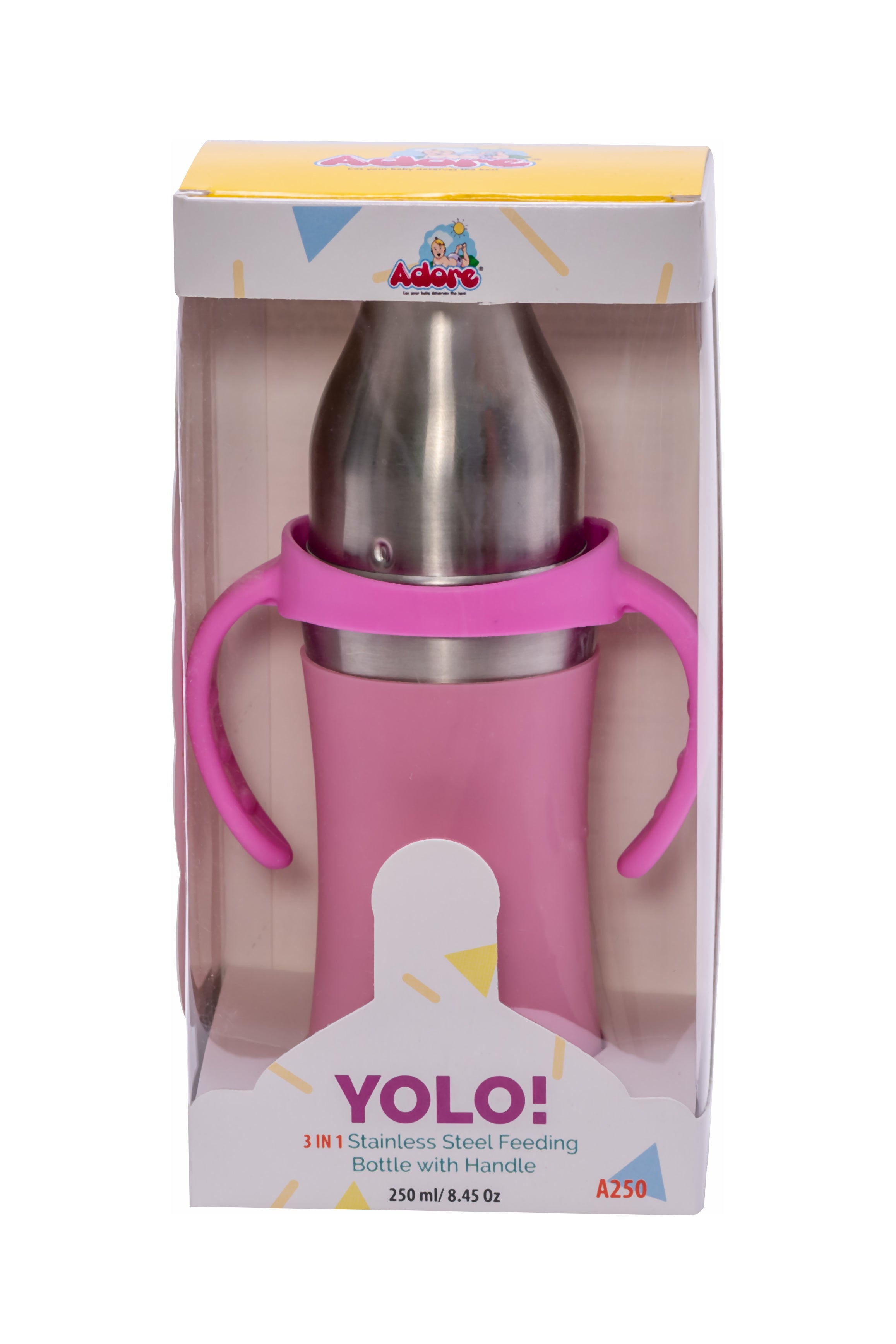Adore Yolo! The 3 in 1 Wideneck Stainless Steel Feeding Bottle with Silicon Sleeve- 250ml - Pink