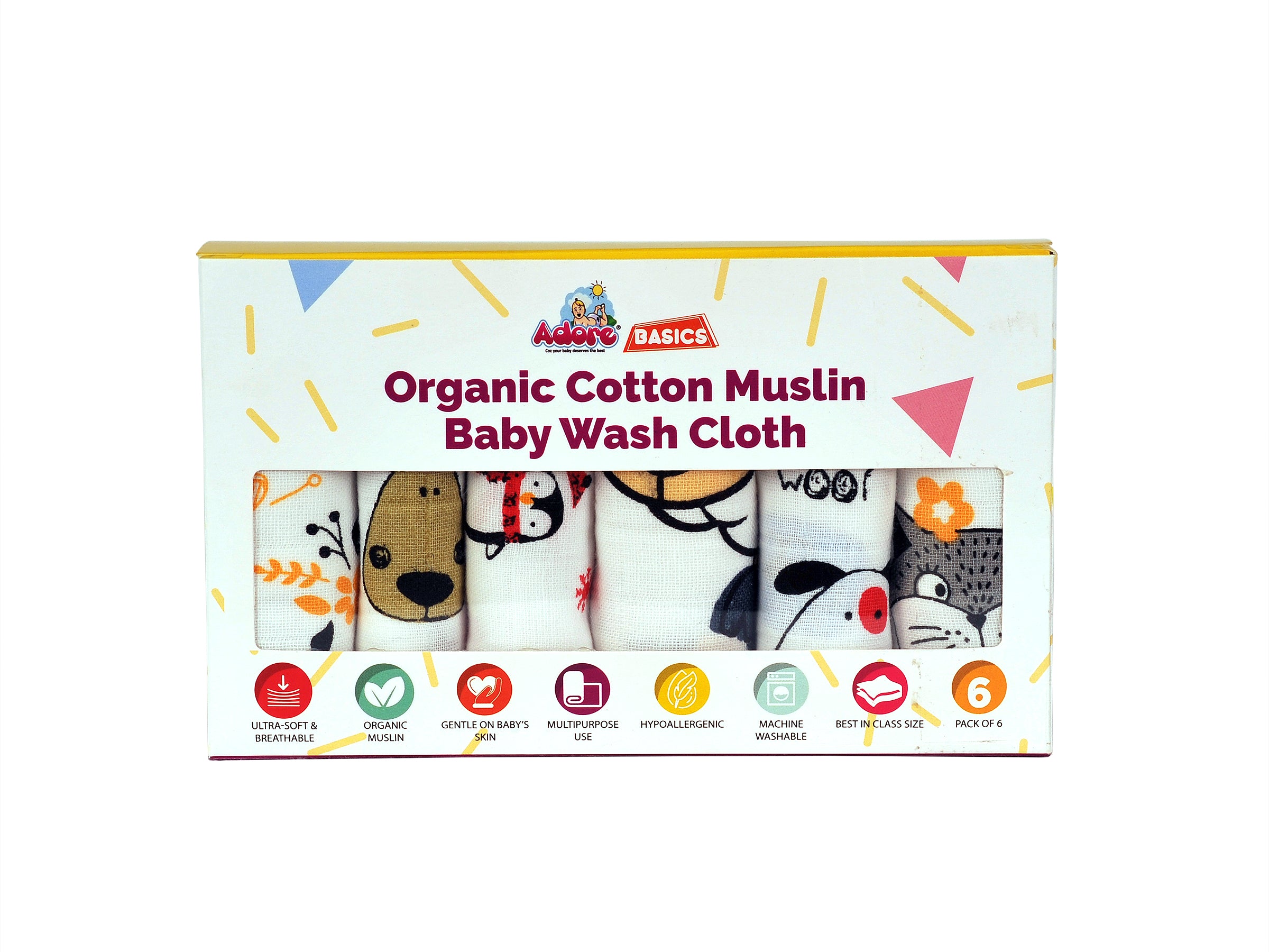 Adore 100% Pure Cotton Muslin Wash Clothes Pack of 6 - Multicolor