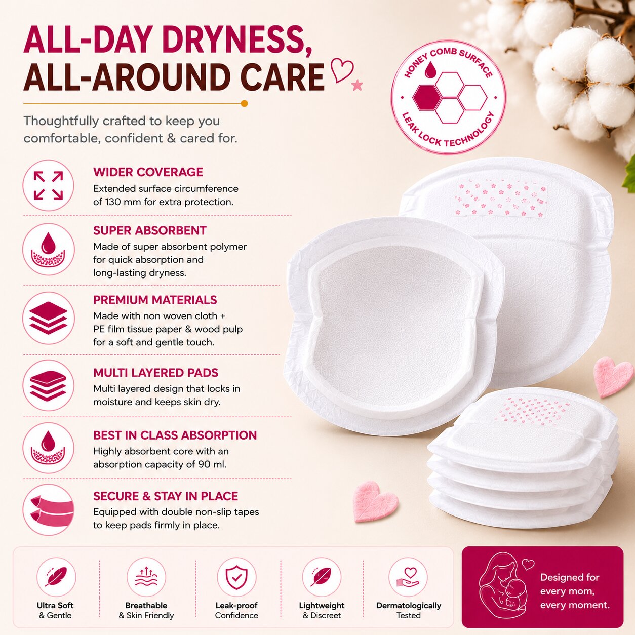 Adore Voila Disposable Breast Pads with Honeycomb Design- Pack of 30