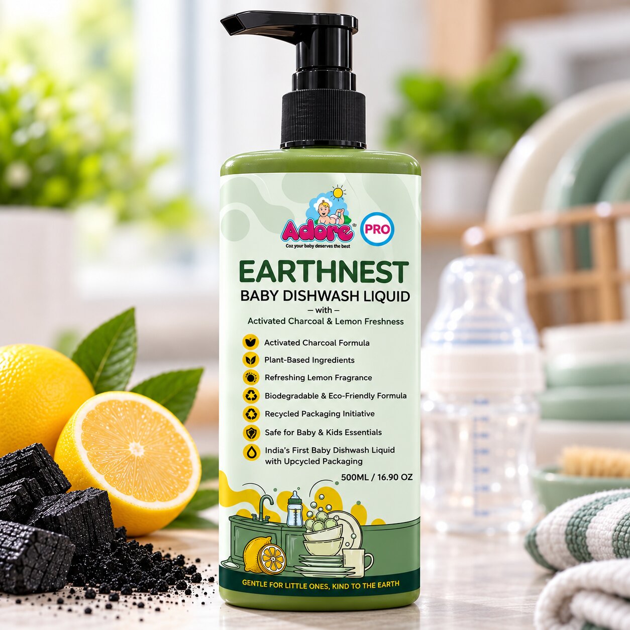 Adore EARTHNEST-Baby Dishwash Liquid with Activated Charcoal & Lemon Freshness 500ml