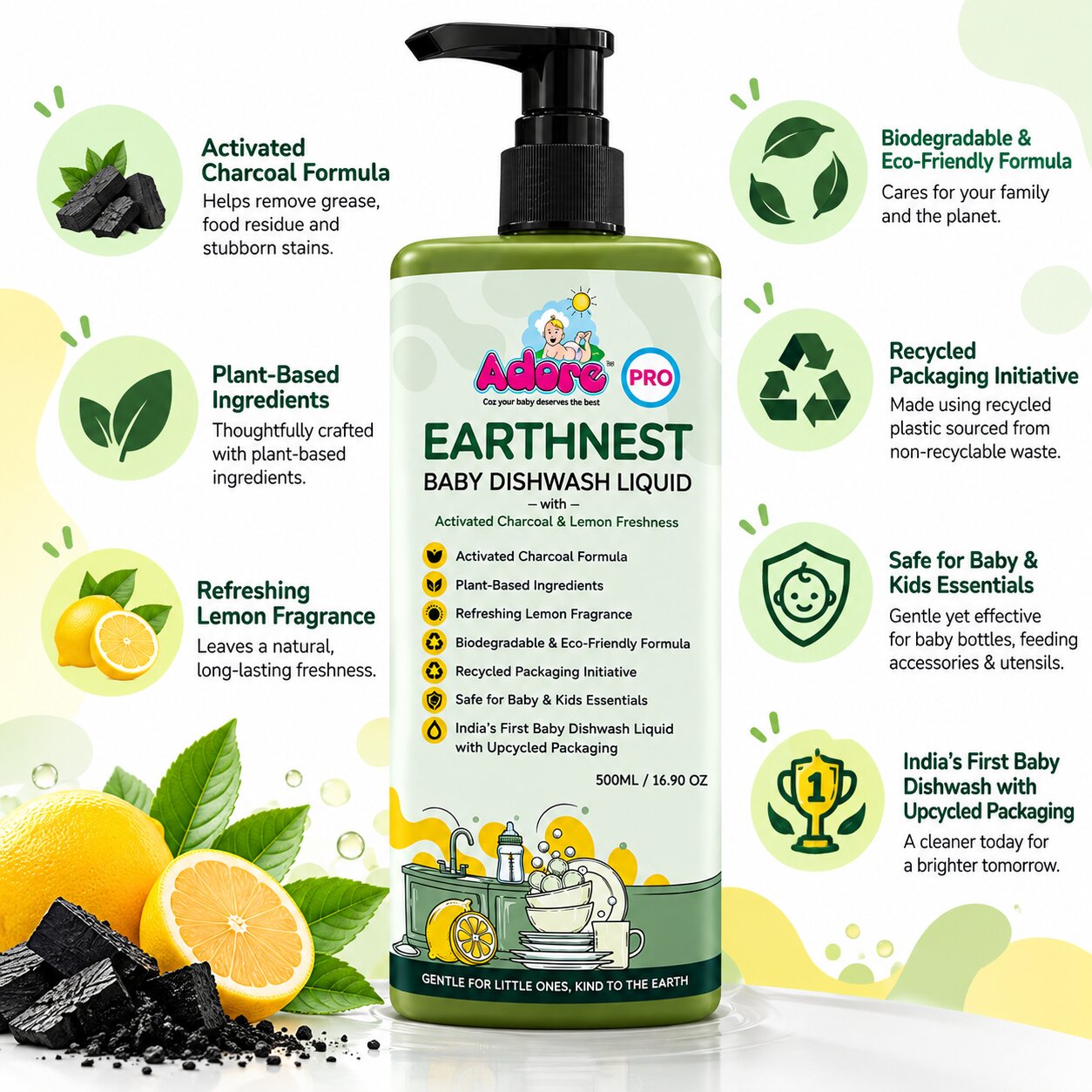 Adore EARTHNEST-Baby Dishwash Liquid with Activated Charcoal & Lemon Freshness 500ml