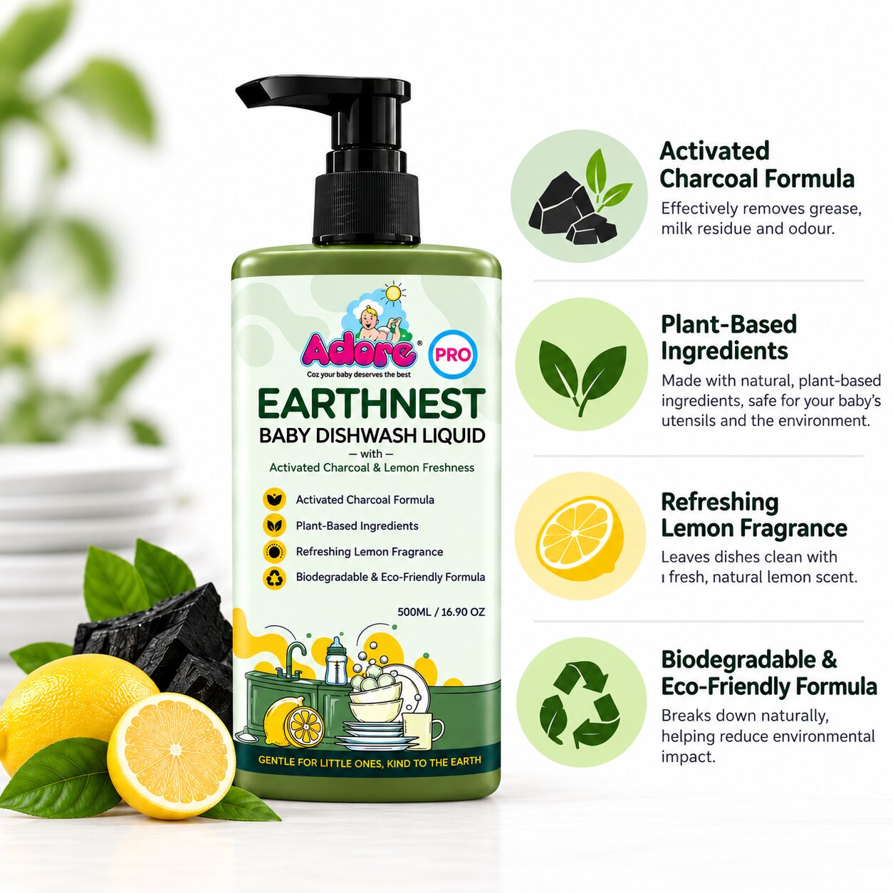 Adore EARTHNEST-Baby Dishwash Liquid with Activated Charcoal & Lemon Freshness 500ml