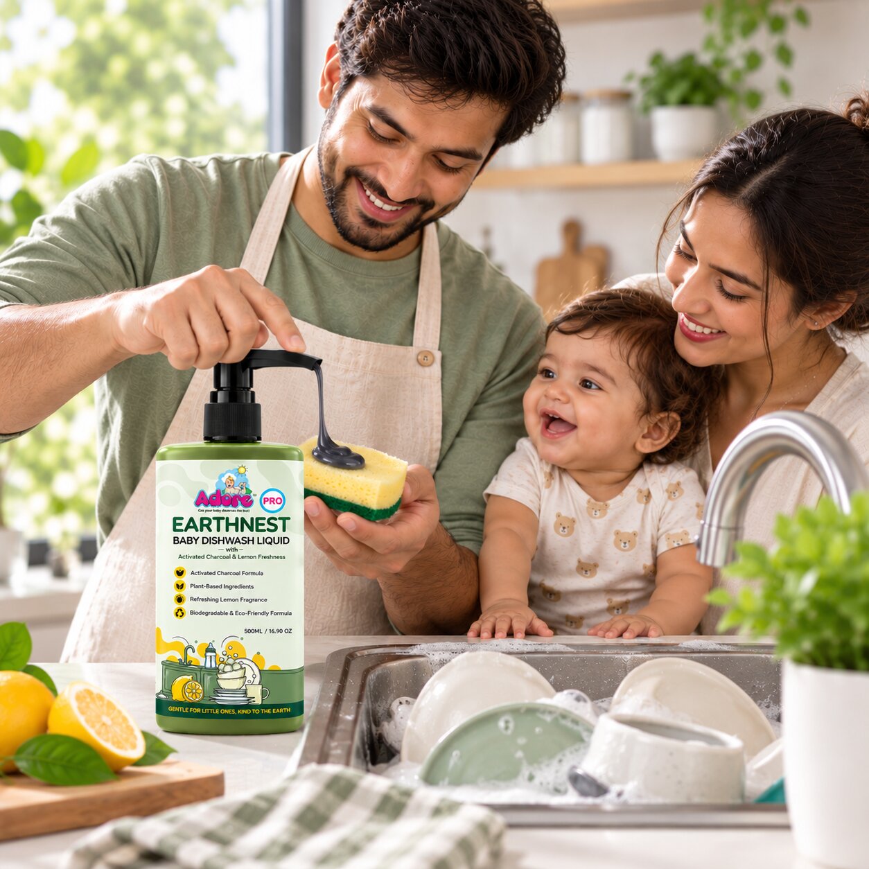 Adore EARTHNEST-Baby Dishwash Liquid with Activated Charcoal & Lemon Freshness 500ml