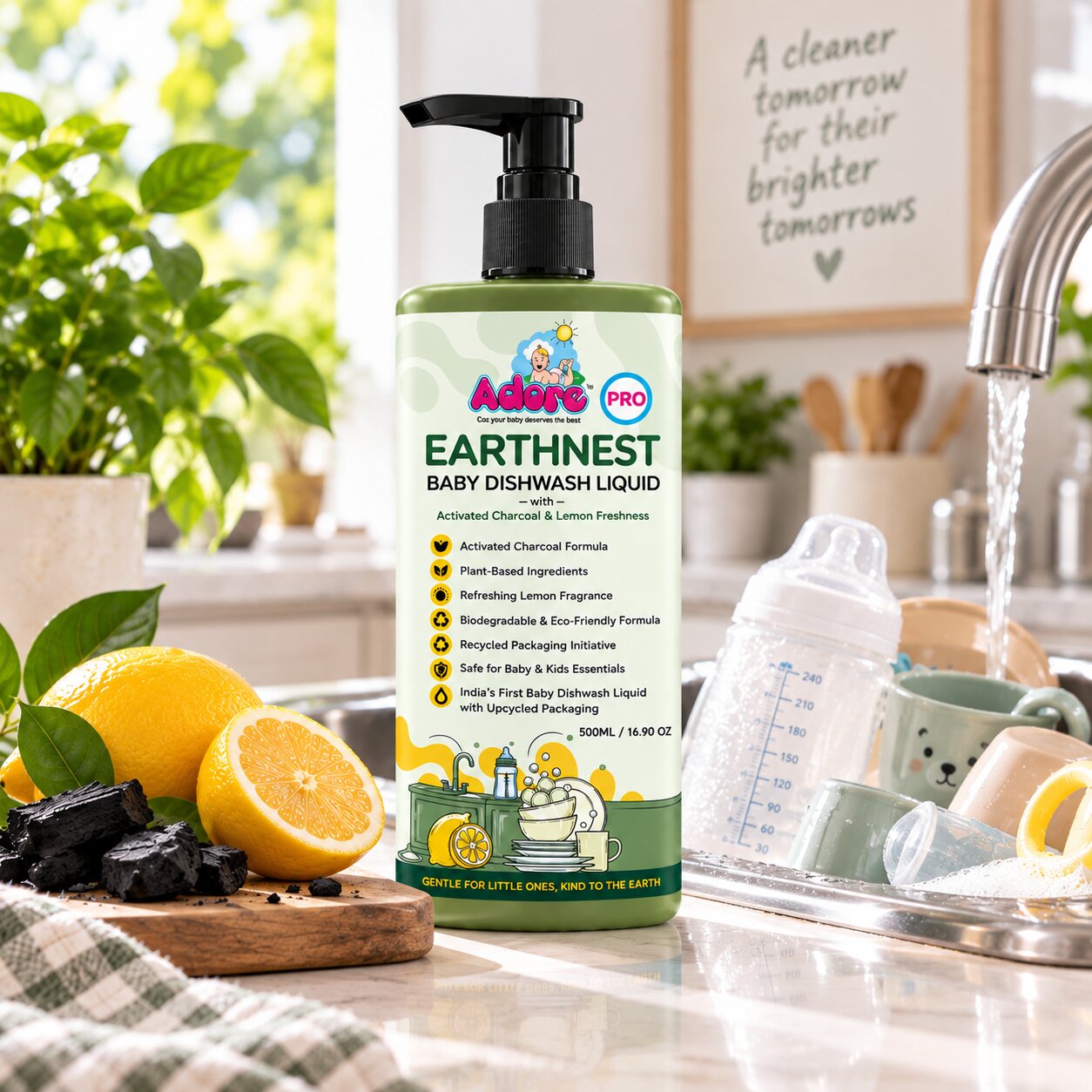 Adore EARTHNEST-Baby Dishwash Liquid with Activated Charcoal & Lemon Freshness 500ml