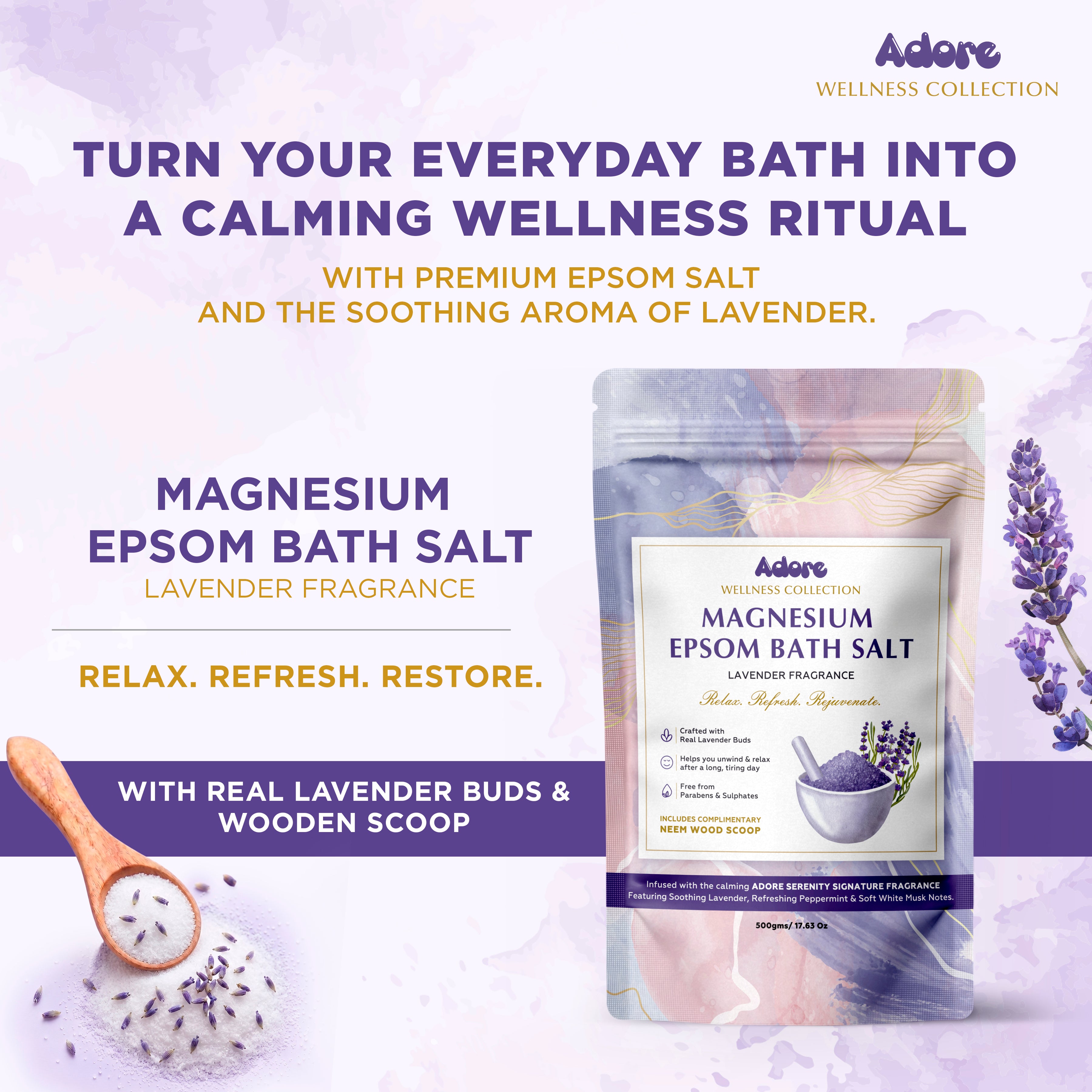 Adore Wellness Magnesium Epsom Bath Salt with Lavender Fragrance, Scoop & Real Lavender Buds 500g