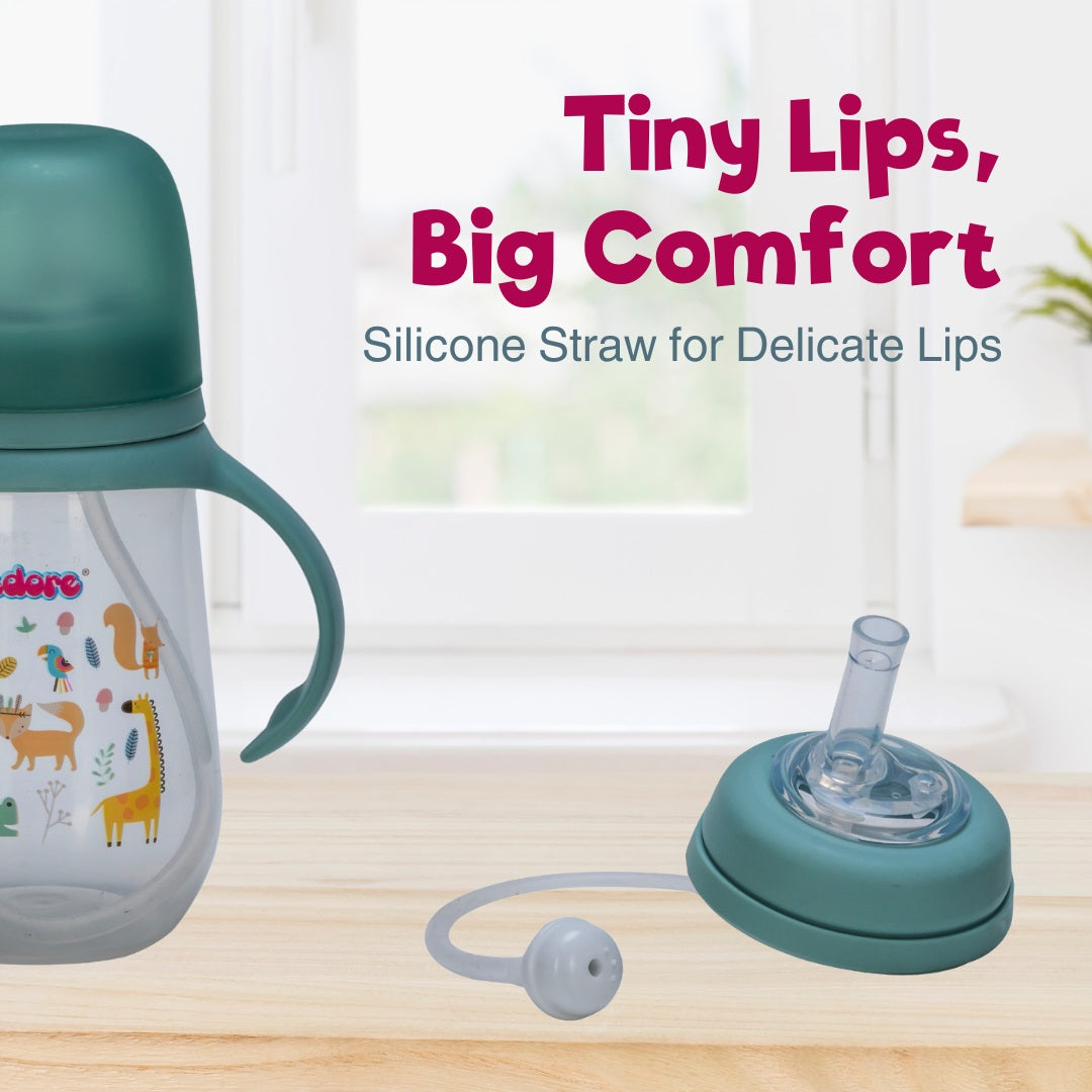 Adore Great Britain Wide Neck Straw Sipper with Gravity Ball and Twin Handle- 250ml Green