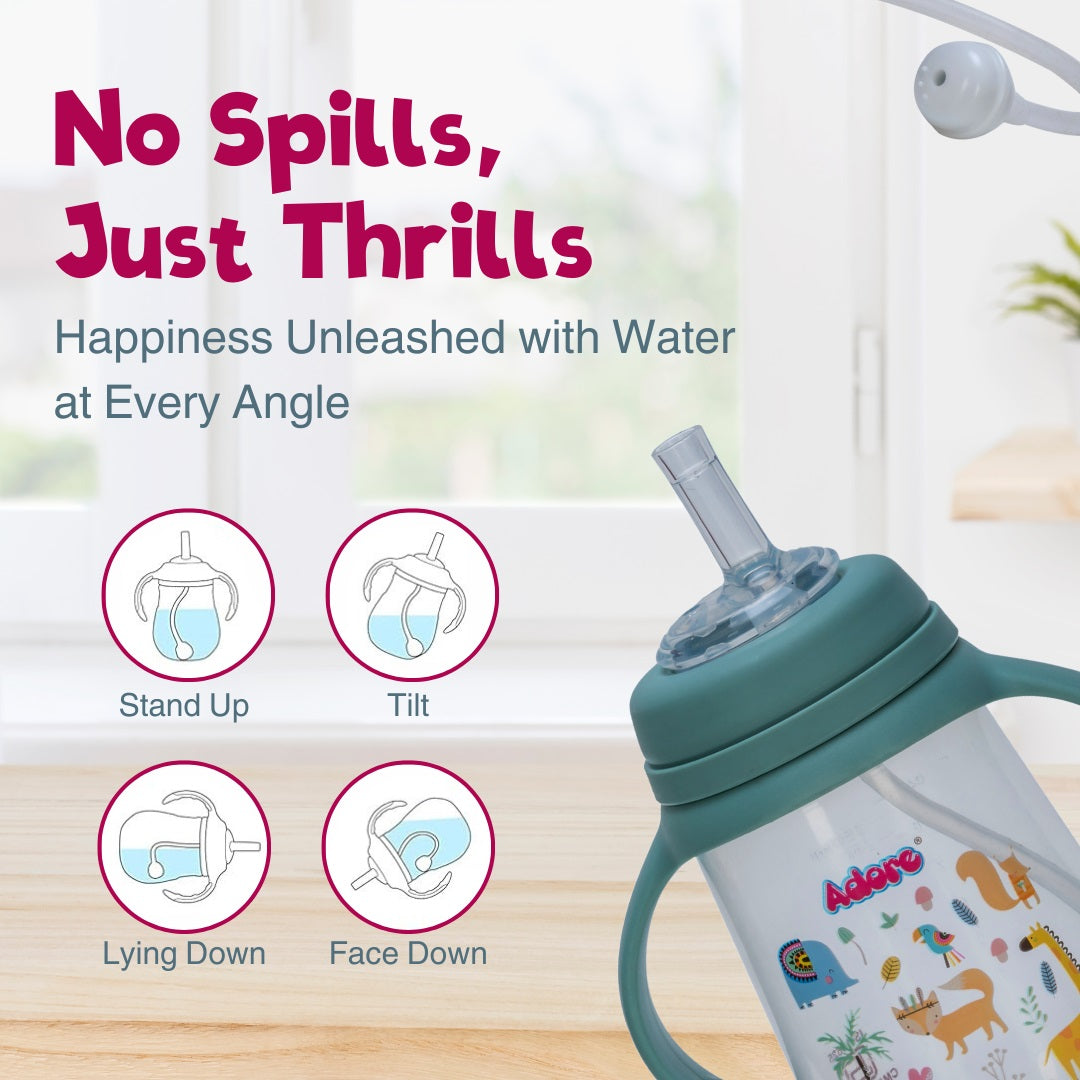 Adore Great Britain Wide Neck Straw Sipper with Gravity Ball and Twin Handle- 250ml Green