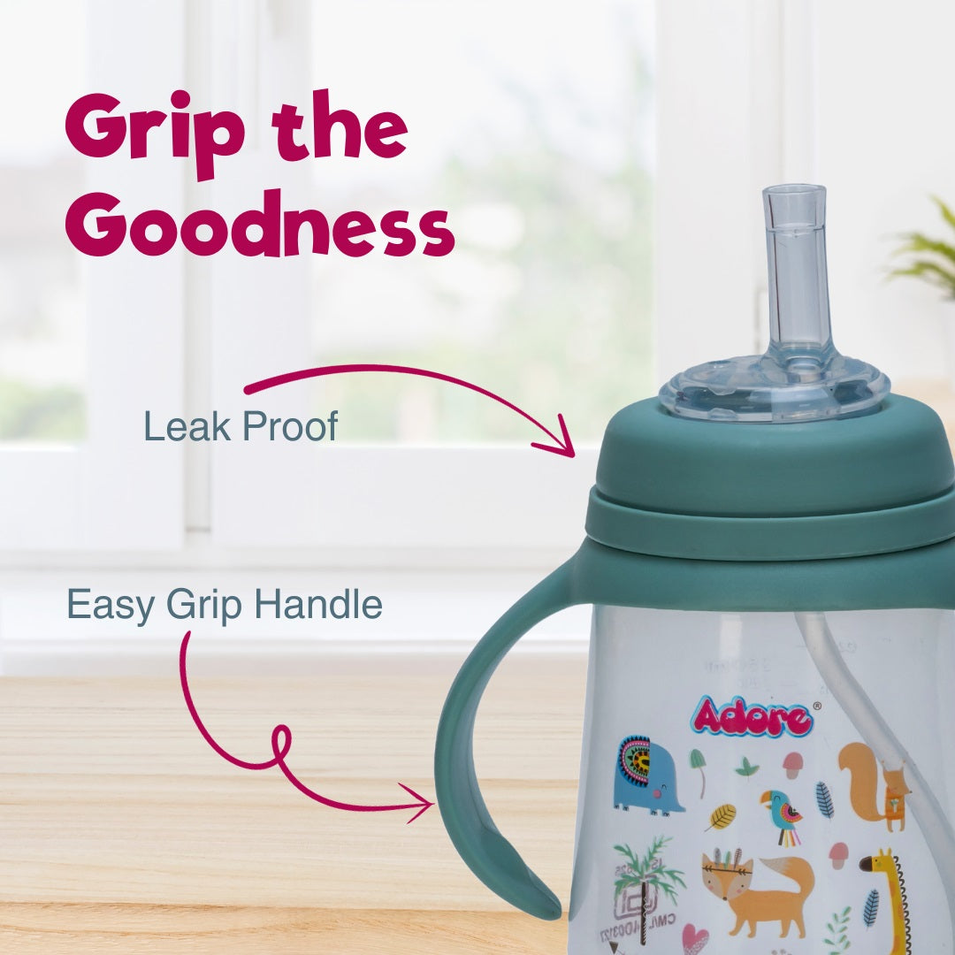 Adore Great Britain Wide Neck Straw Sipper with Gravity Ball and Twin Handle- 250ml Green