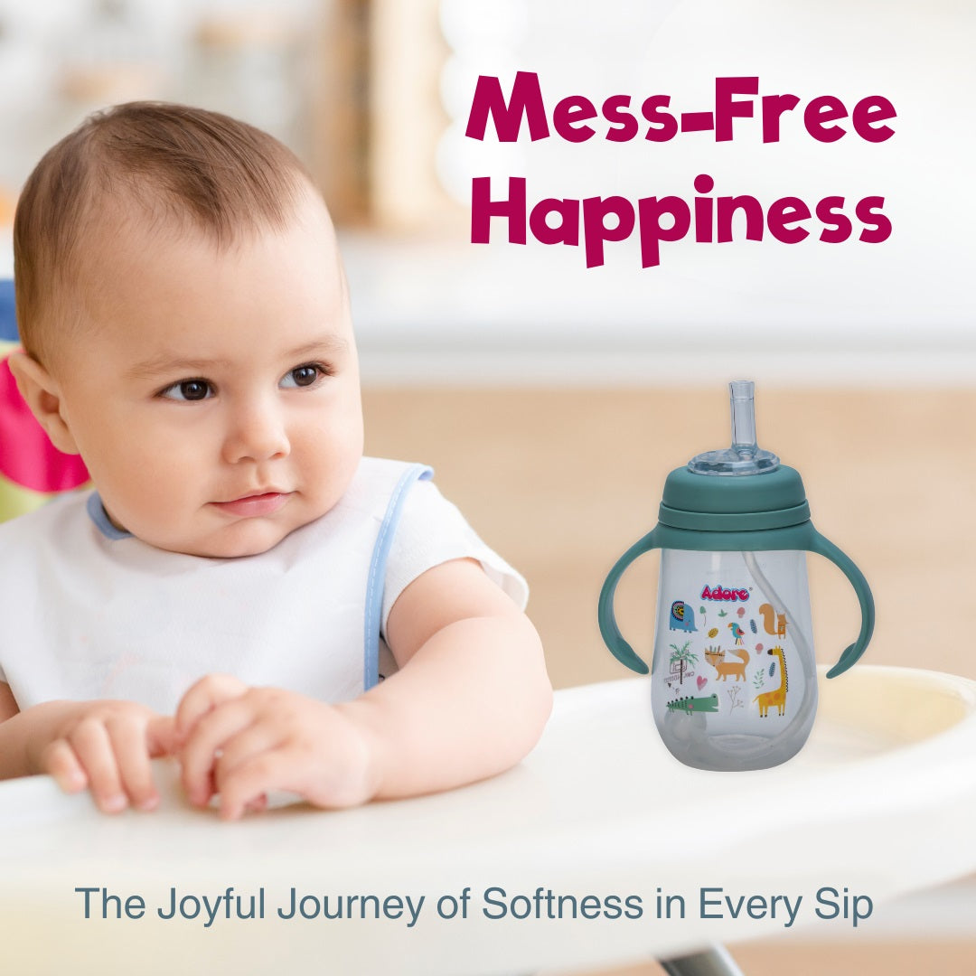 Adore Great Britain Wide Neck Straw Sipper with Gravity Ball and Twin Handle- 250ml Green