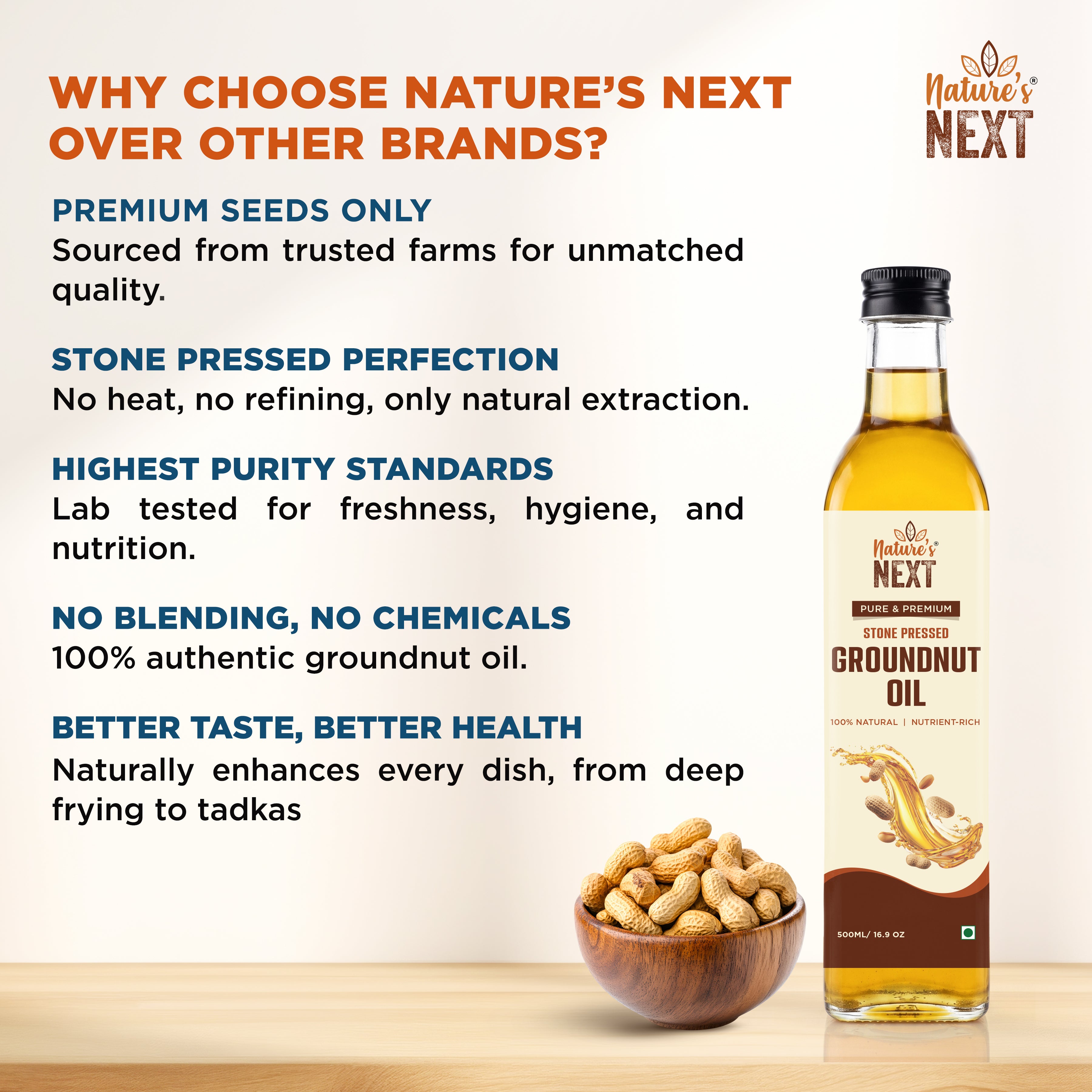 Nature’s Next Pure & Premium Cold-Pressed Groundnut Oil- Glass Bottle 500ml