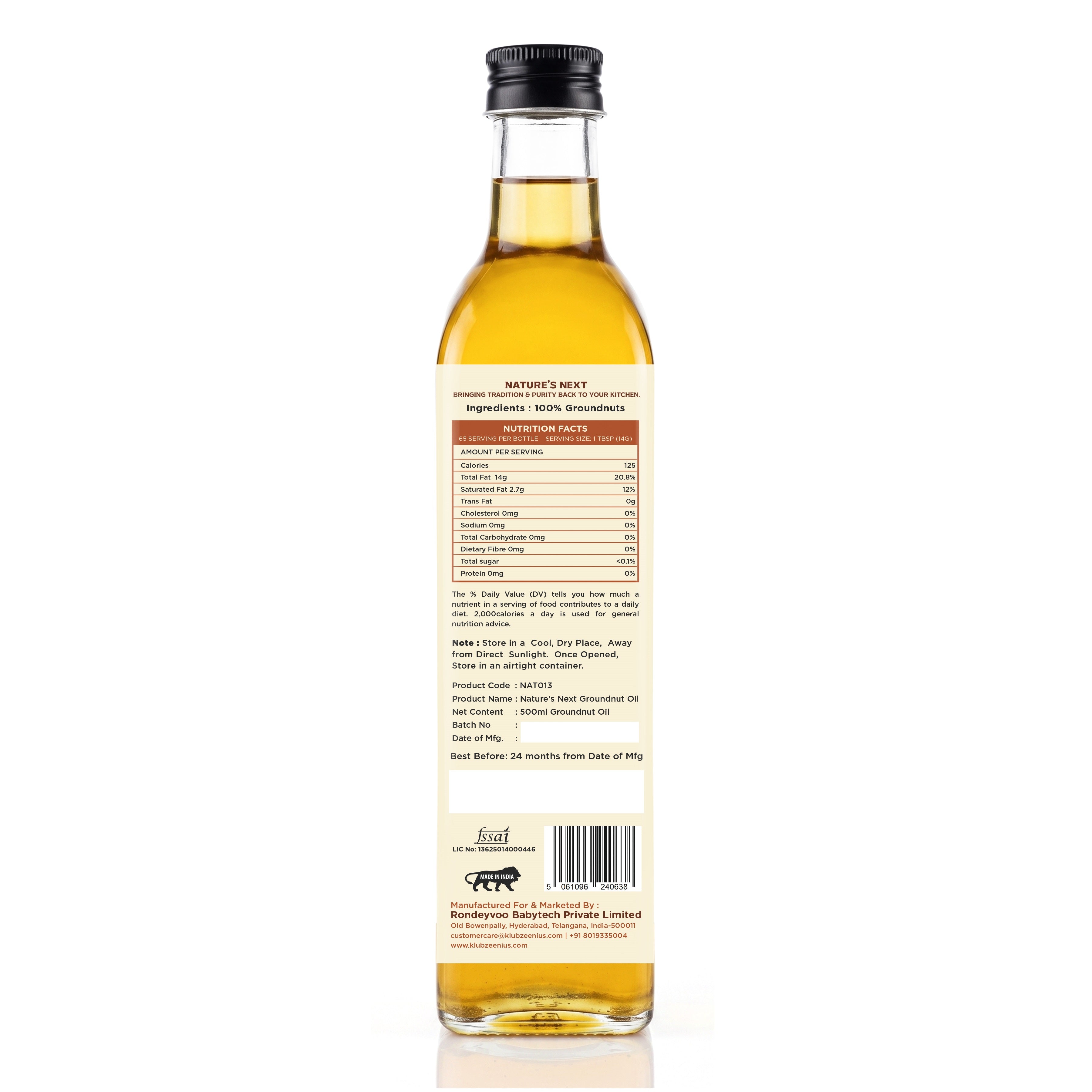 Nature’s Next Pure & Premium Cold-Pressed Groundnut Oil- Glass Bottle 500ml