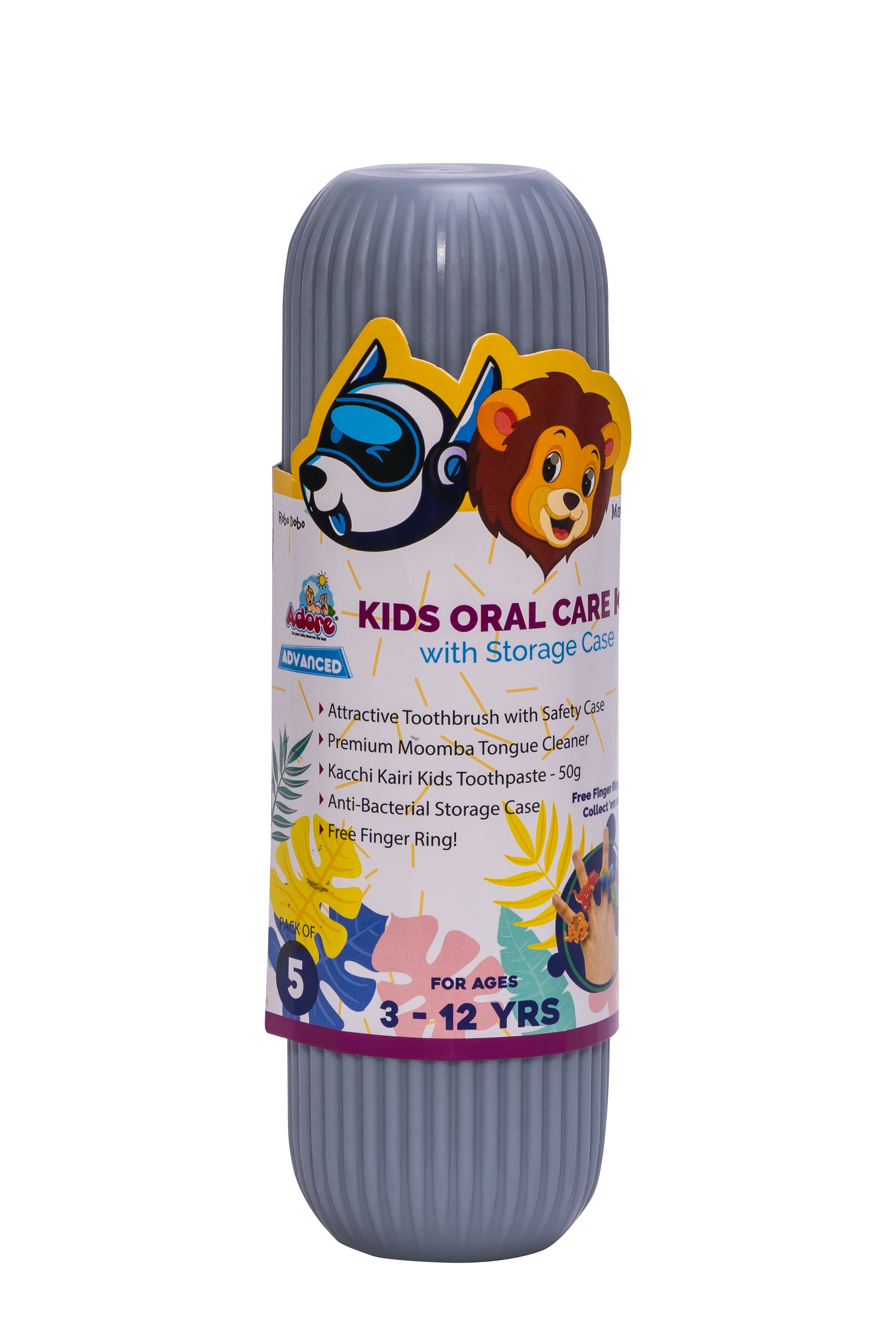 Adore Robo Dobo Kids Oral Care Kit with Storage Case and Free Finger Ring - Grey