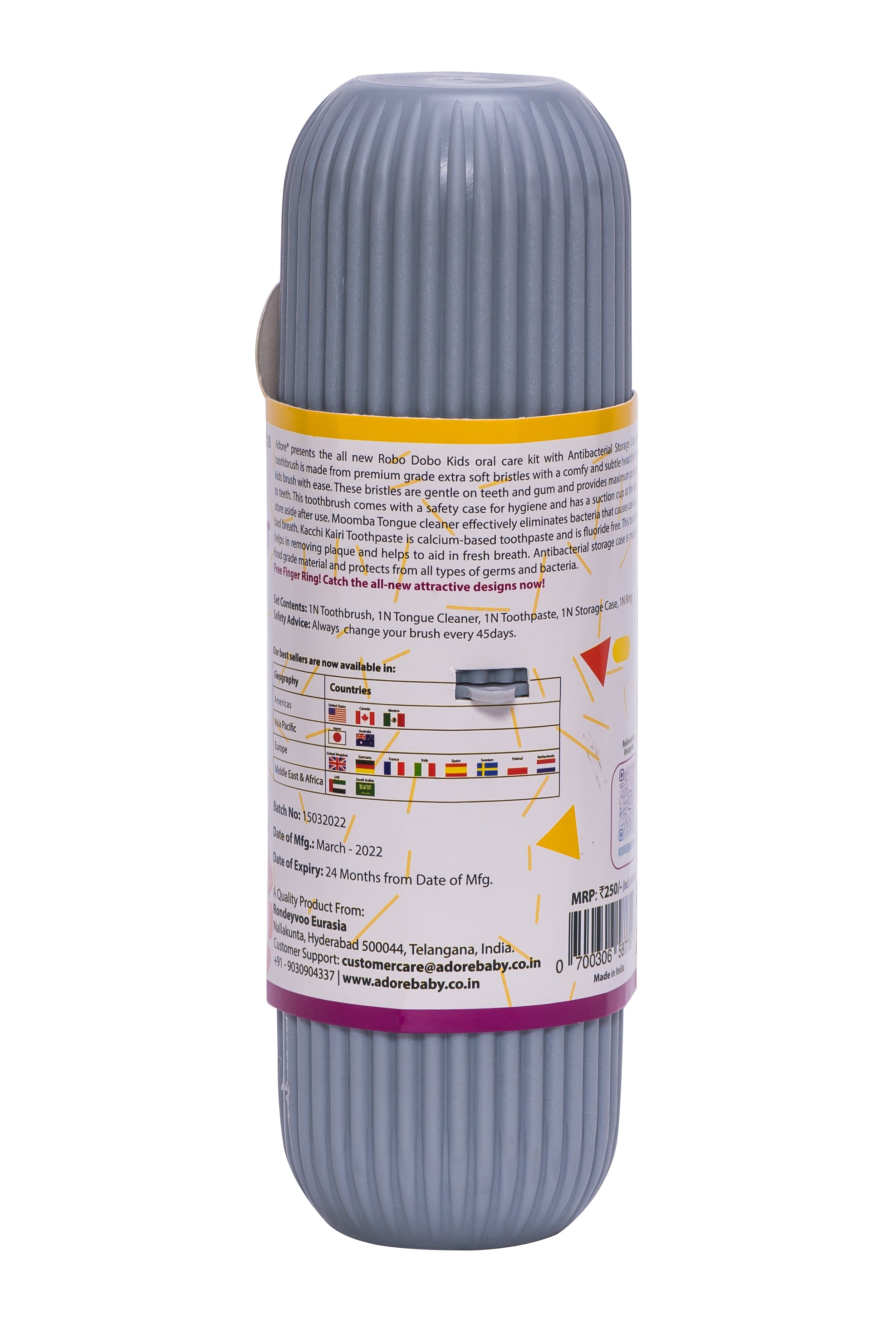 Adore Robo Dobo Kids Oral Care Kit with Storage Case and Free Finger Ring - Grey