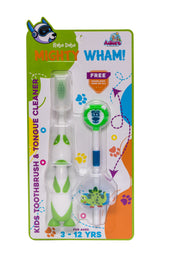 Adore Mighty Wham Kids toothbrush with Cap and Tongue Cleaner with free Finger Ring pack of 4-Blue