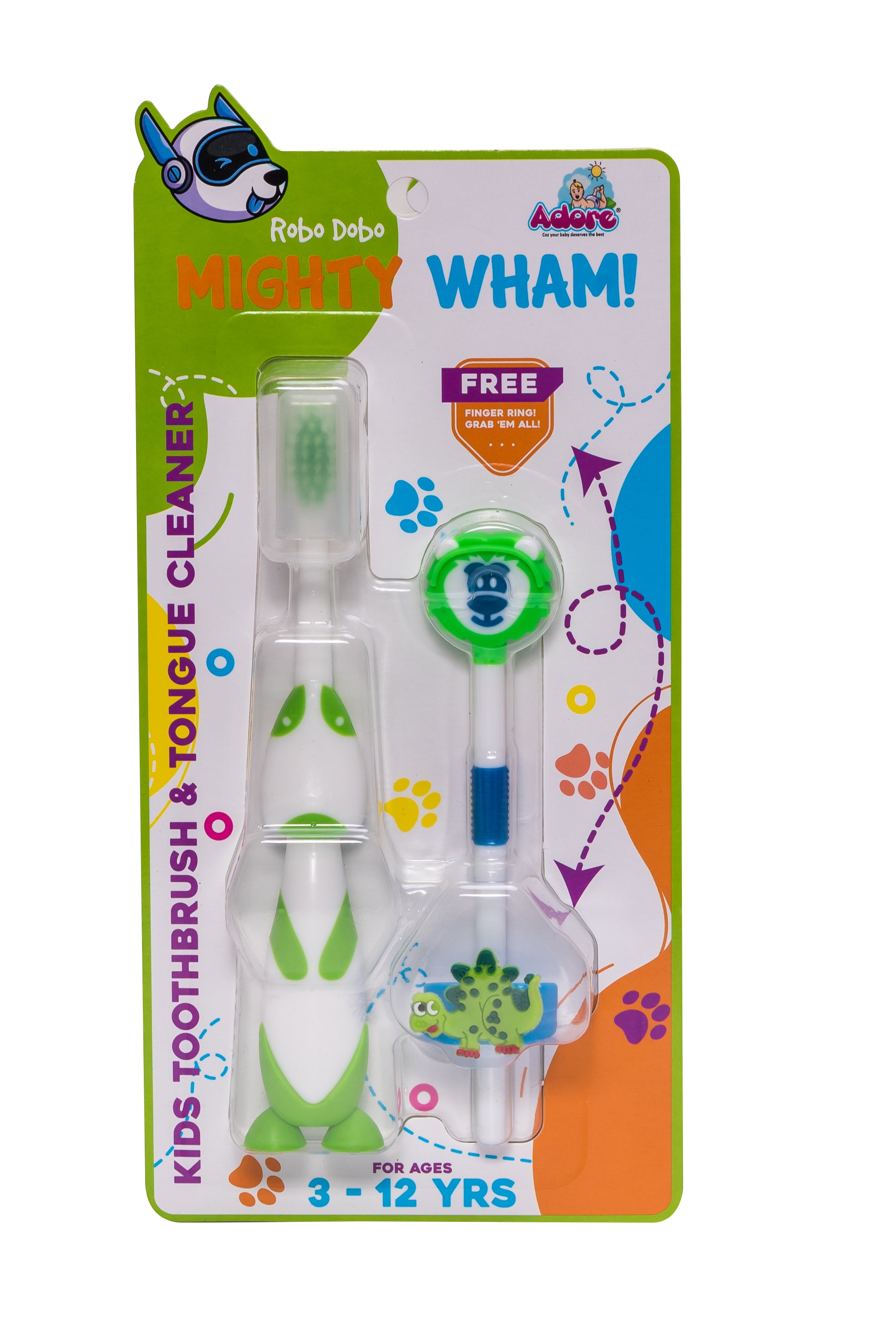 Adore Mighty Wham Kids toothbrush with Cap and Tongue Cleaner with free Finger Ring pack of 4-Blue