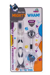 Adore Mighty Wham Kids toothbrush with Cap and Tongue Cleaner with free Finger Ring pack of 4-Blue
