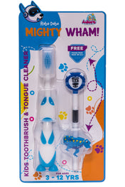 Adore Mighty Wham Kids toothbrush with Cap and Tongue Cleaner with free Finger Ring pack of 4-Blue