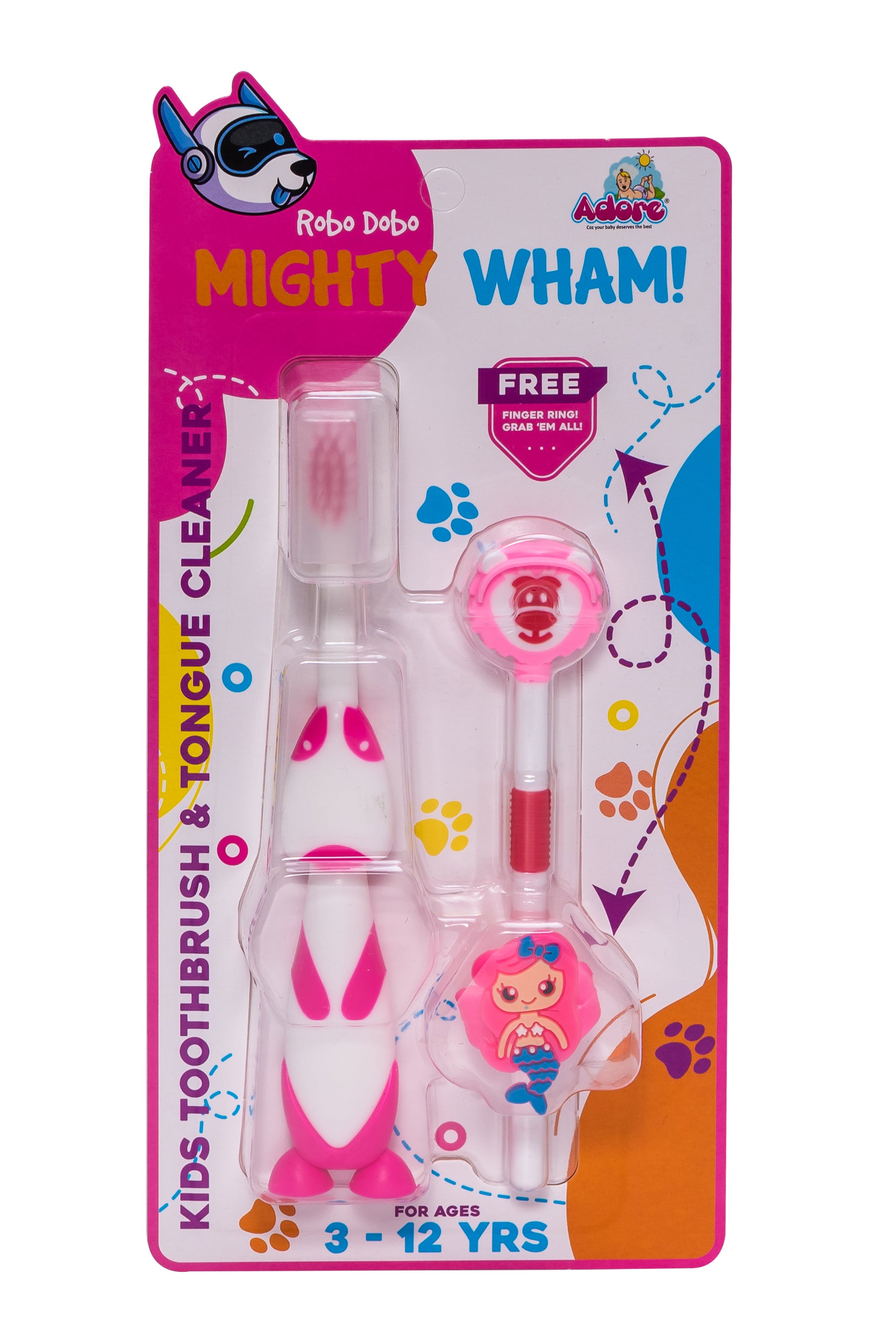 Adore Mighty Wham Kids toothbrush with Cap and Tongue Cleaner with free Finger Ring pack of 4-Blue
