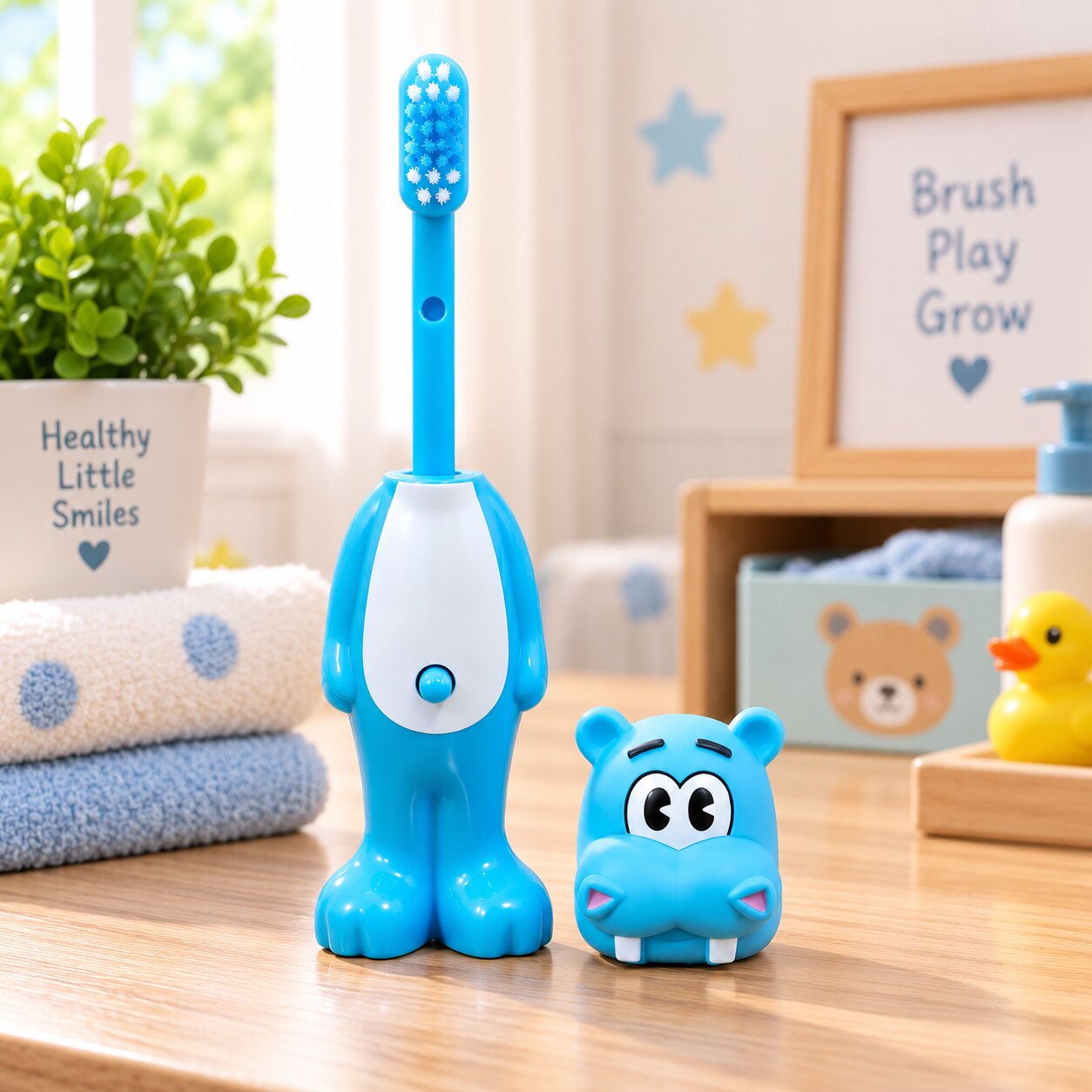 Adore Kids Pop Up Toothbrush with Safety Head Attractive Character - Blue Hippo