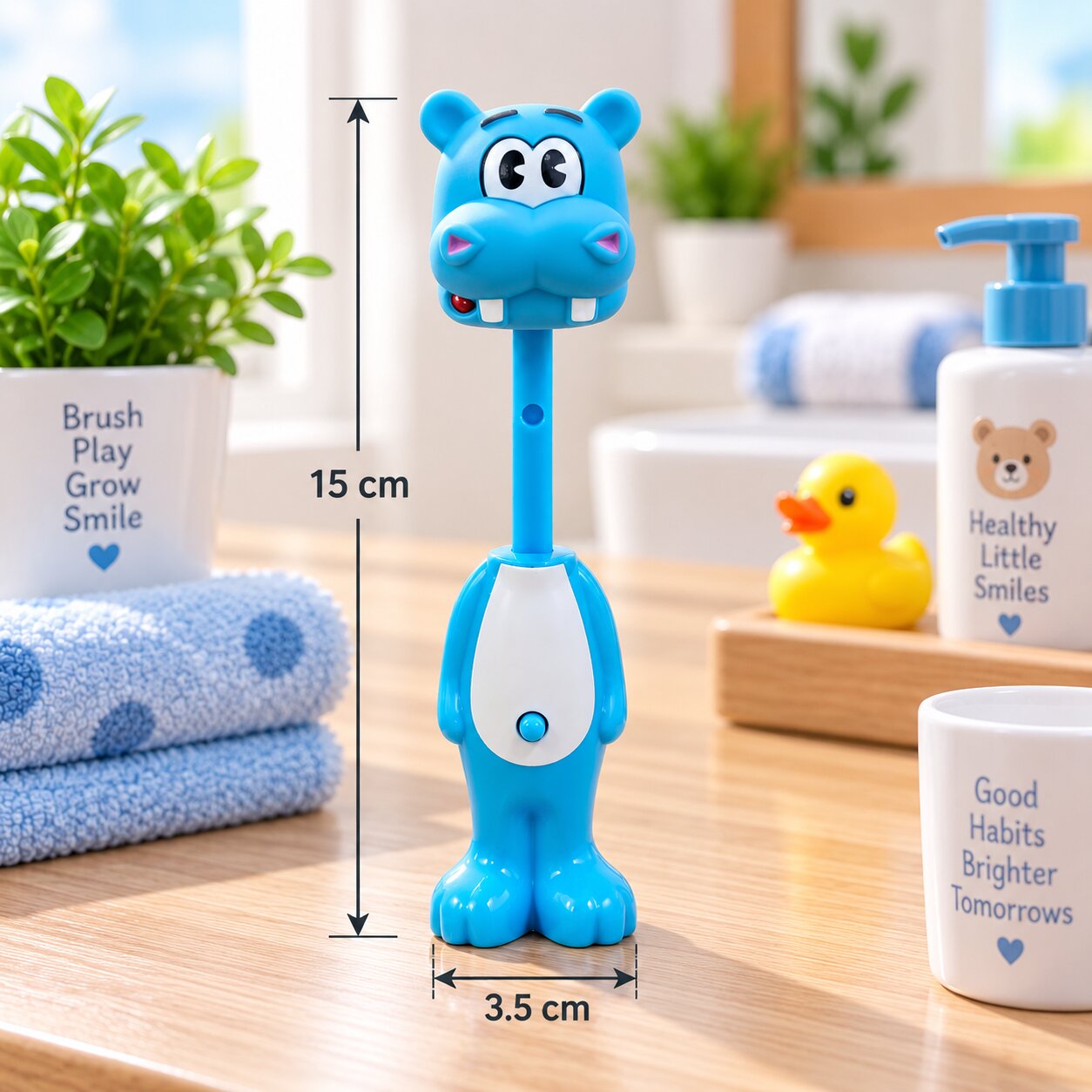Adore Kids Pop Up Toothbrush with Safety Head Attractive Character - Blue Hippo