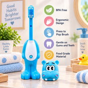 Adore Kids Pop Up Toothbrush with Safety Head Attractive Character - Blue Hippo